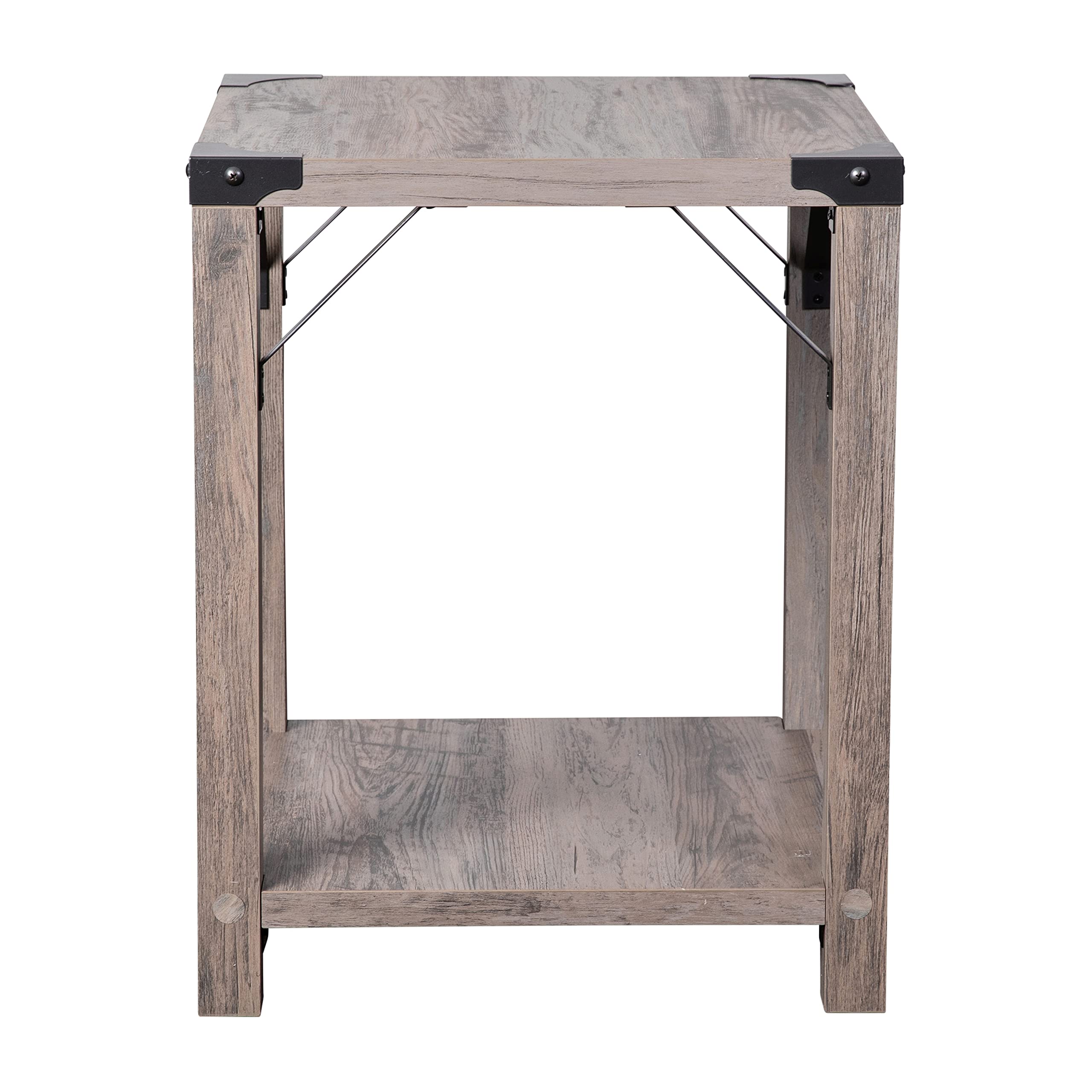 Modern Farmhouse 2-Tier Side Table with Gray Wash Engineered Wood Frame & Black Metal Crisscross Braces - Rustic End Table for Living Room, Bedroom or Patio Decor