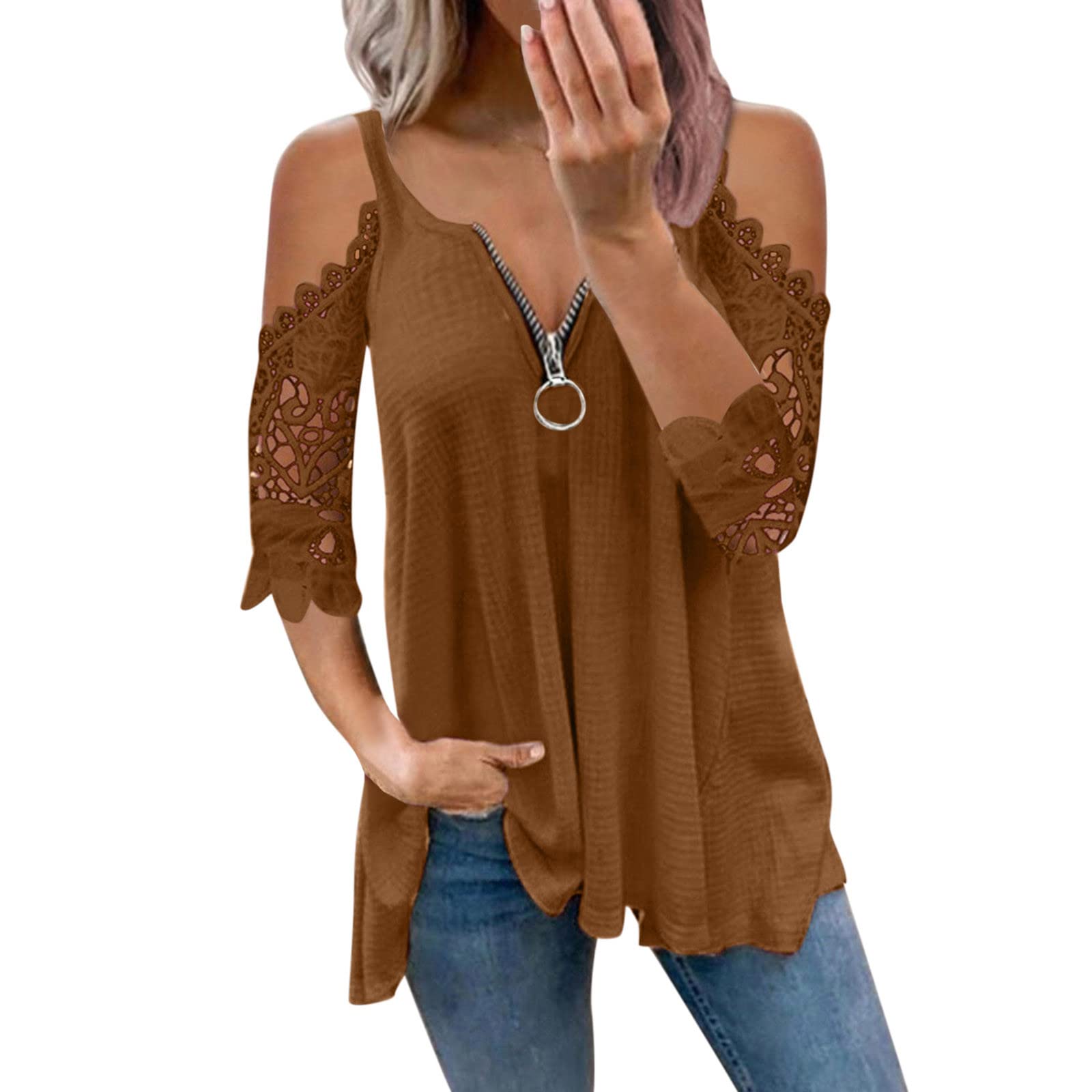 Sexy Women's V-Neck Off-Shoulder Lace Panel Zipper Blouse - White Short Sleeve Summer Top for Casual Wear, Date Night & Beach Outfits