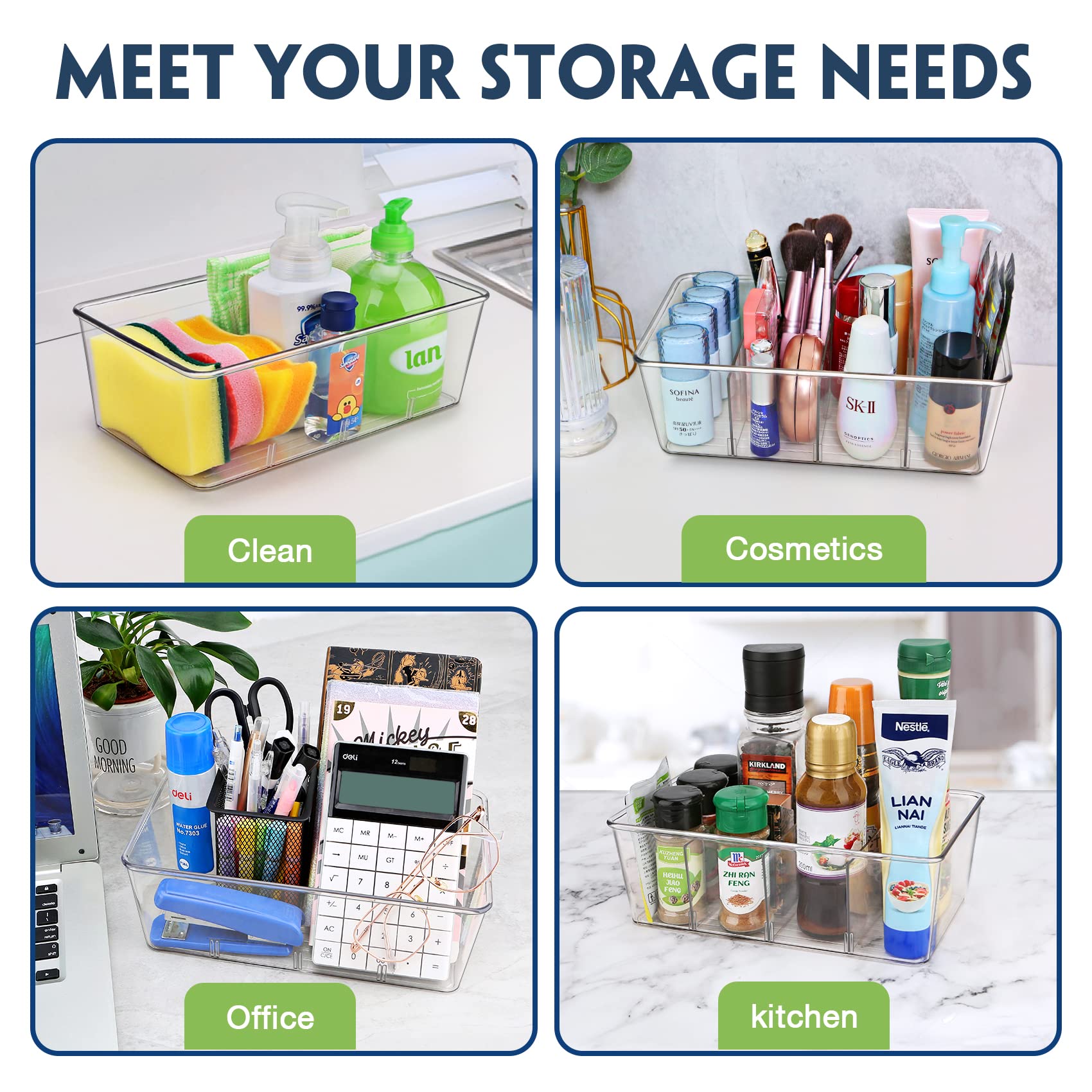 Batoto Clear Refrigerator Organizer Bins with Dividers – 2 Pack for Kitchen Pantry Storage, Perfect for Fridge, Freezer, and Cabinet Organization