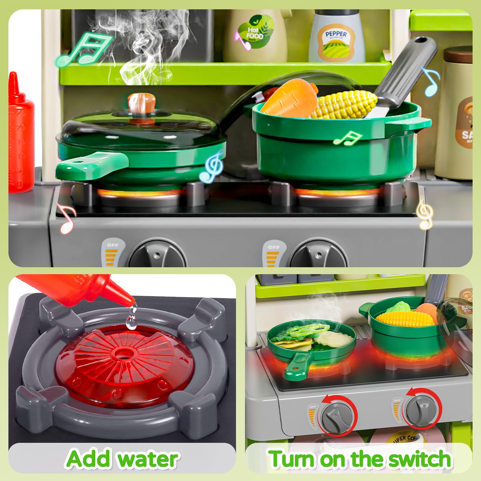 Realistic Kids Play Kitchen Set with Sound & Light - Toy Cooking Stove, Sink, Play Food & Accessories - Pretend Play Kitchen Toys for Toddlers Girls & Boys - Perfect for Birthday Gifts & Role Play Learning
