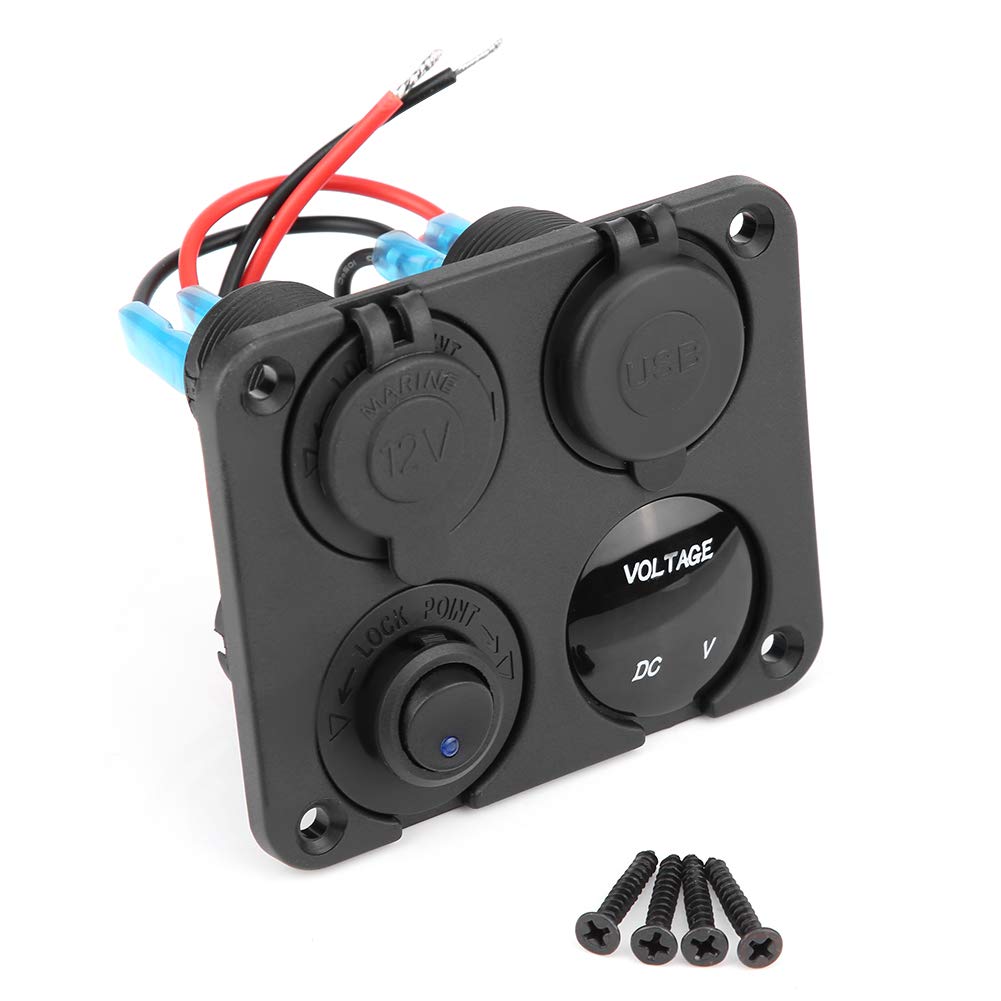 ANGGREK 4 Gang Toggle Switch Panel with Dual USB Charger, Voltmeter & Cigarette Lighter Socket - On/Off Blue Light Switch for Cars, Boats, RVs & Marine Applications