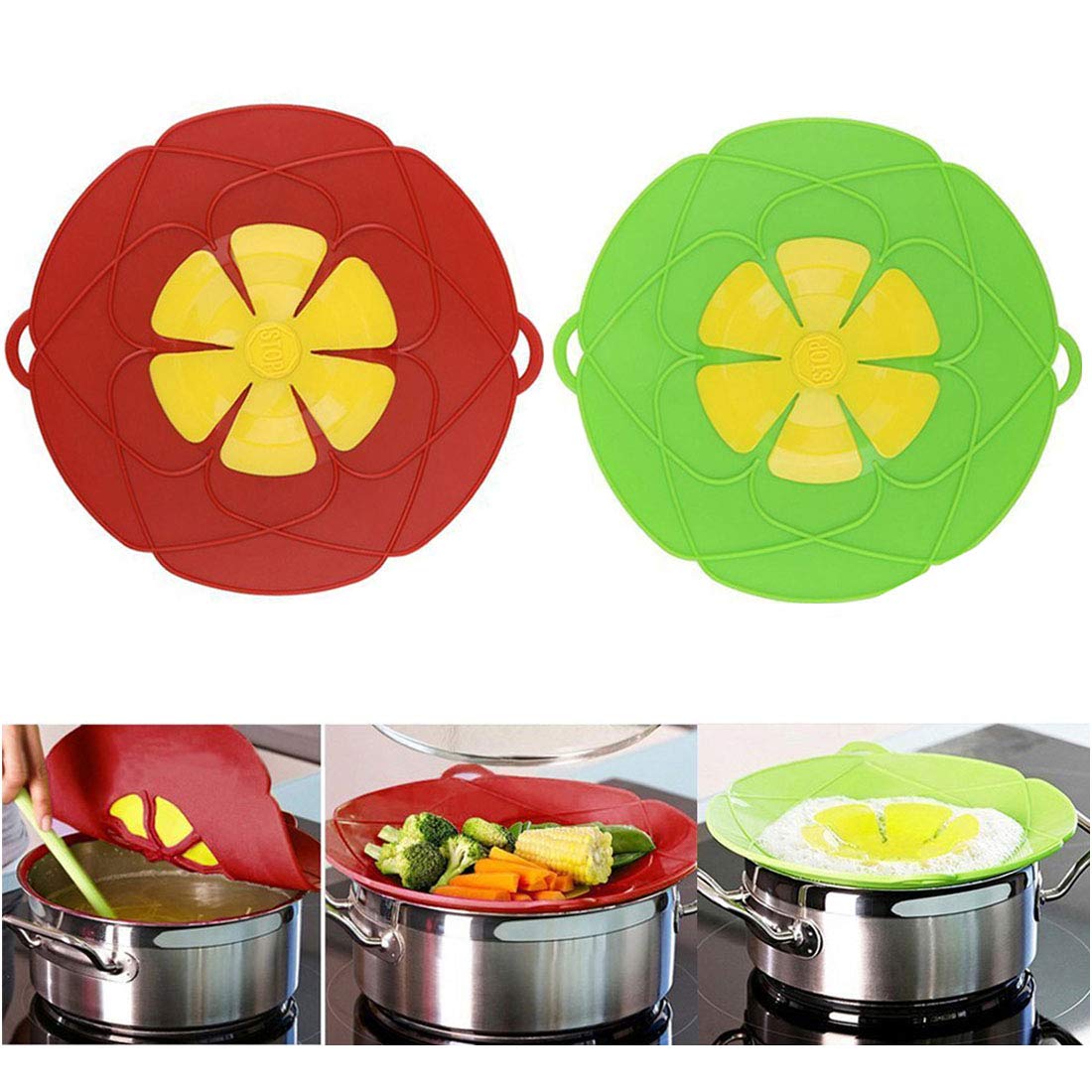 2-Pack Silicone Spill Stopper Lid Covers (10.2 Inch) - Boil Over Prevention for Pots & Pans - Multi-Purpose Kitchen Cooking Accessories - Perfect Gift for Parents & Friends (Green & Red) - Ideal for Soup, Pasta, Rice Cooking and Meal Prep