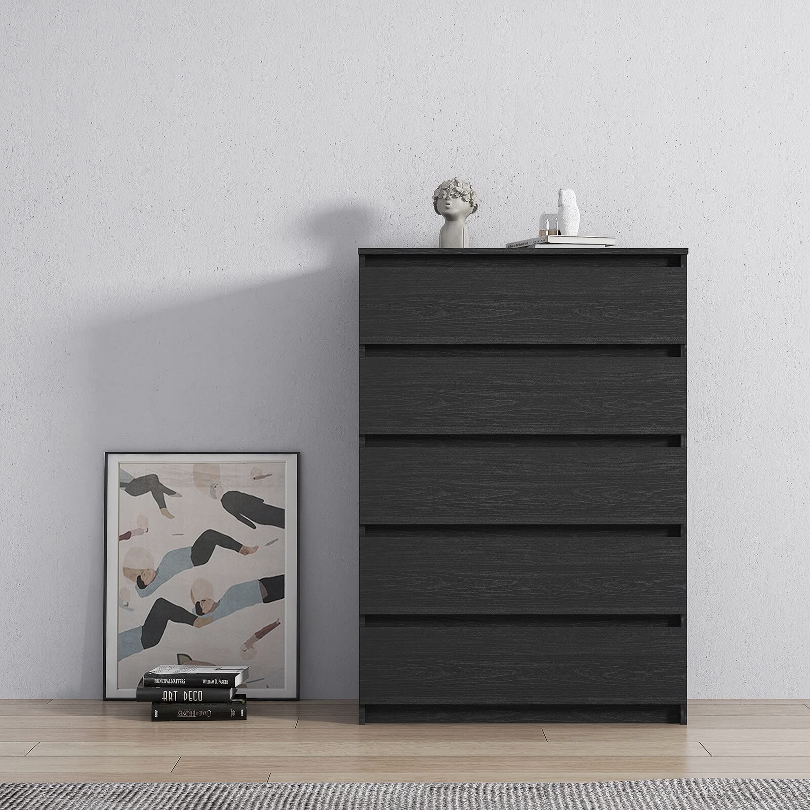 5-Drawer Dresser Nightstand - Black Woodgrain Mid-Century Modern MDF Wood Finish Bedroom Storage Furniture for Home & Apartment Decor