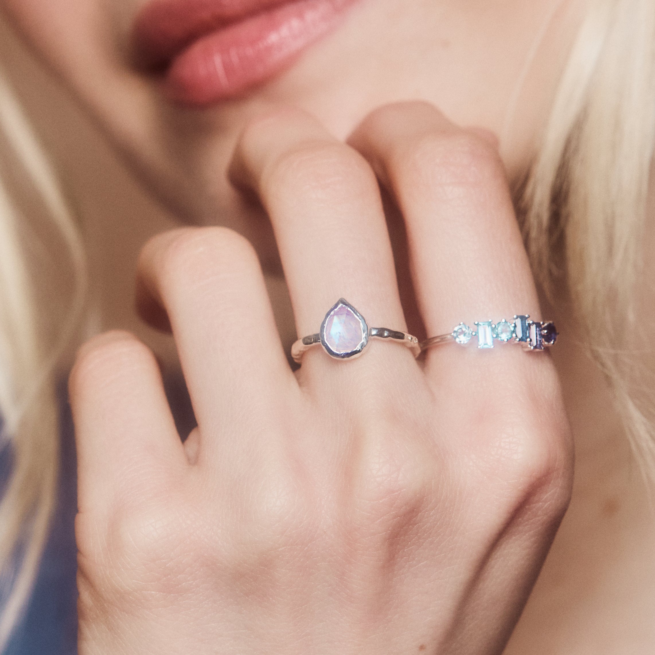 Gracie Rainbow Moonstone Pear Molten Ring - Elegant Sterling Silver Jewelry for Women | Perfect for Weddings, Date Nights & Special Occasions