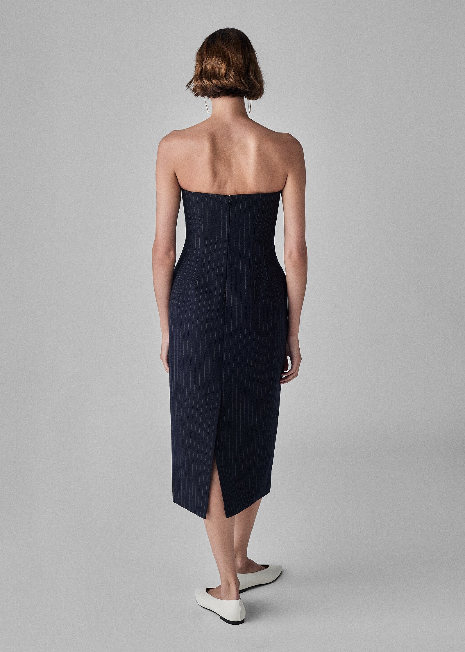 Tailored Bustier Dress in Virgin Wool - Navy Stripe | Elegant Bodycon Midi Dress for Women | Perfect for Cocktail Parties, Date Nights & Formal Events