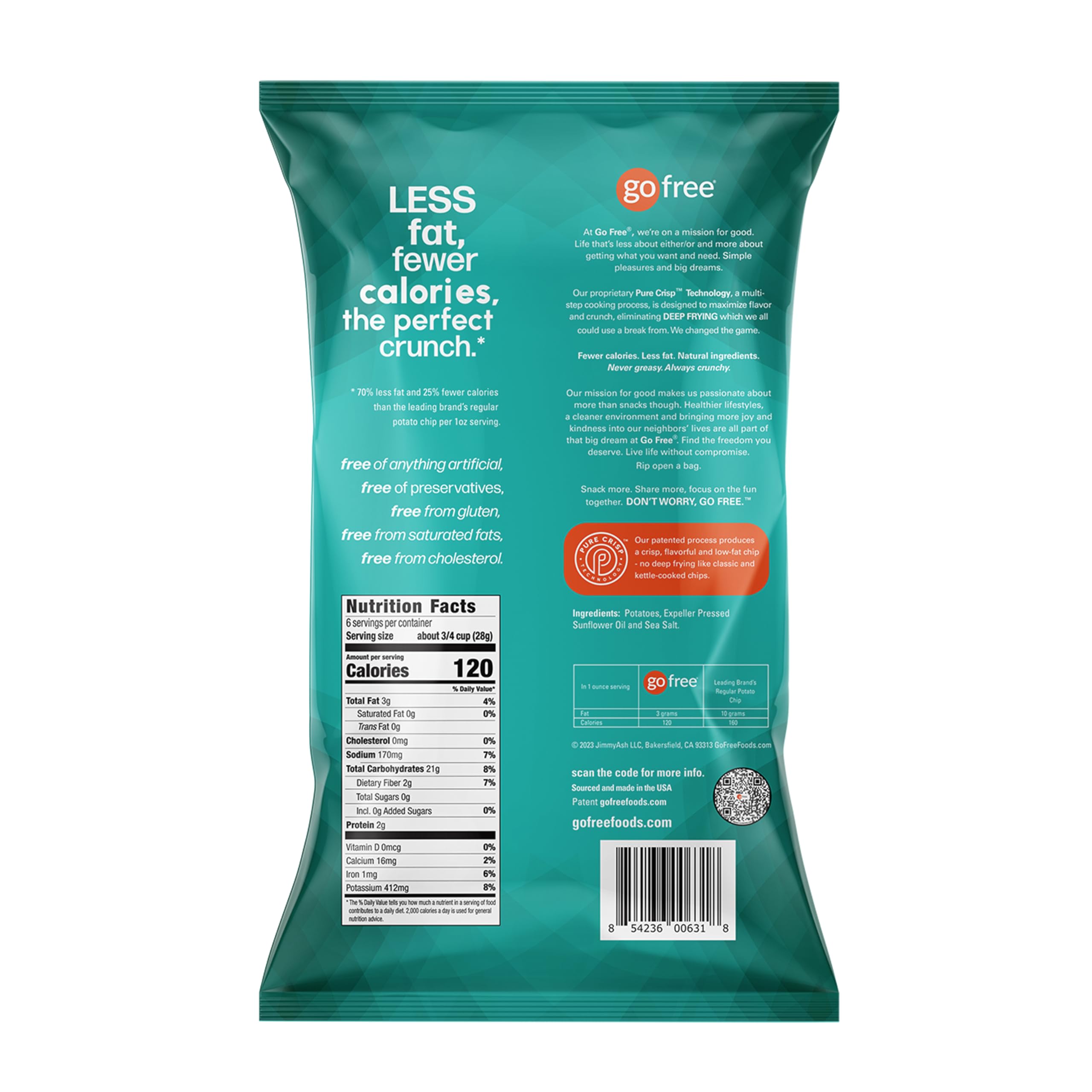 GO FREE Mini Fries Potato Chips - Healthy Low Fat Snacks for Kids & Adults - Gluten Free, Vegan, Low Calories - Made with Real Potatoes - 6oz Bags (6-Pack) Salted Fries - Perfect for School Lunches, Office Snacks & Movie Nights
