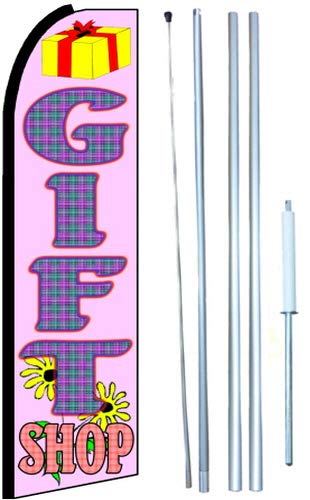 Hybrid Flagpole with Mount & 3x11.5ft Partial Sleeve Swooper Flutter Flag Kit - Perfect for Gift Shops, Storefronts & Outdoor Business Signage