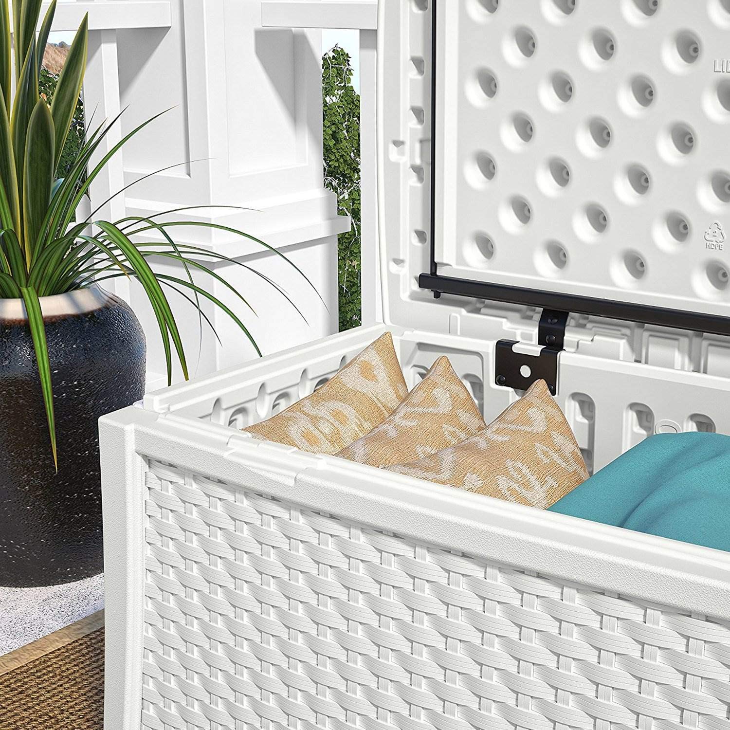 Suncast Elements 30-Gallon Resin End Table with Storage - Lightweight Outdoor Patio Coffee Table for Cushions, Gardening Tools & Toys - Perfect for Backyard, Deck & Poolside Storage - White