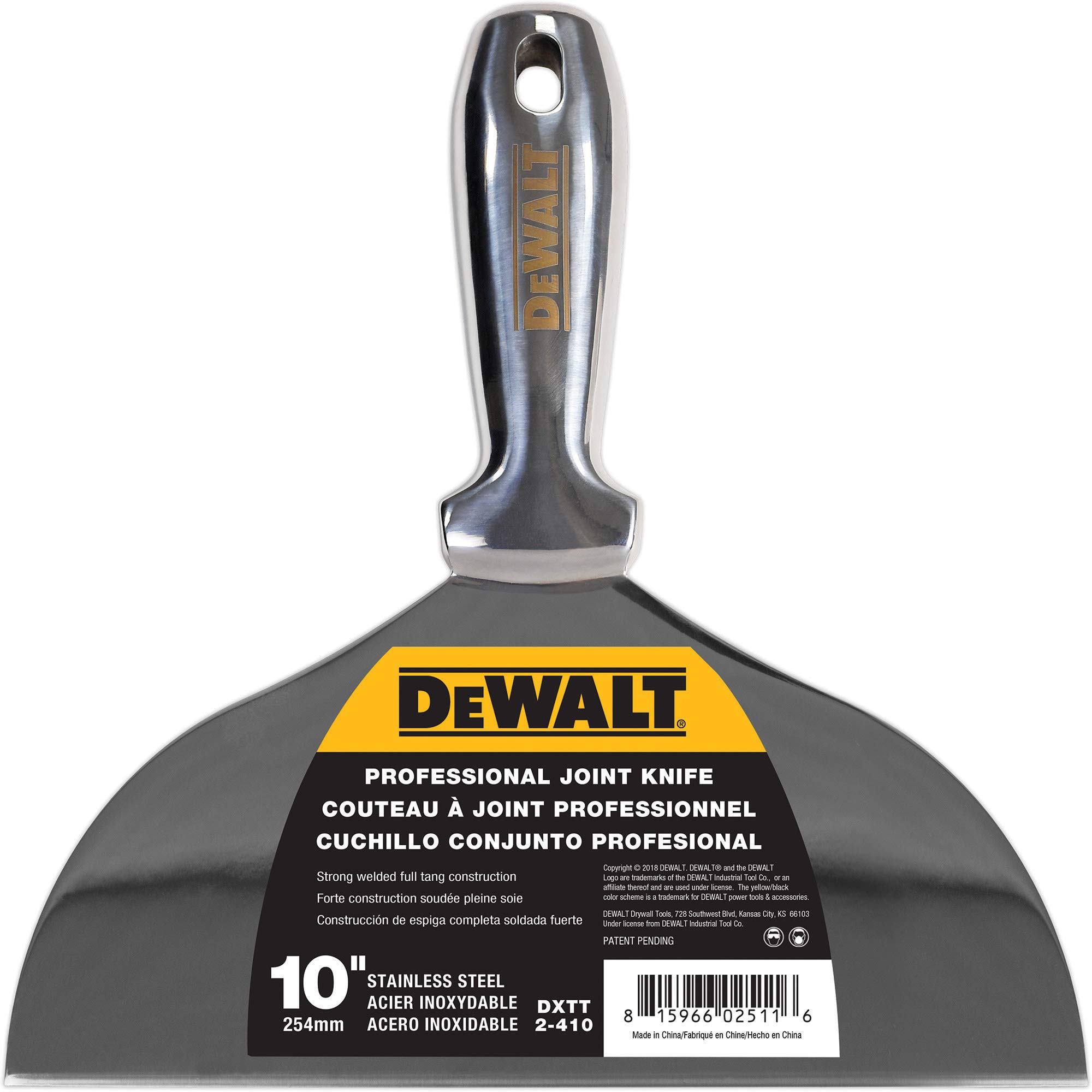 DEWALT 10-Inch All Stainless Steel Joint Knife - Premium Polished Metal Putty Blade for Drywall, Spackling & Plaster Repair (Model 2-410) | Perfect for Professional Contractors & DIY Home Renovation Projects