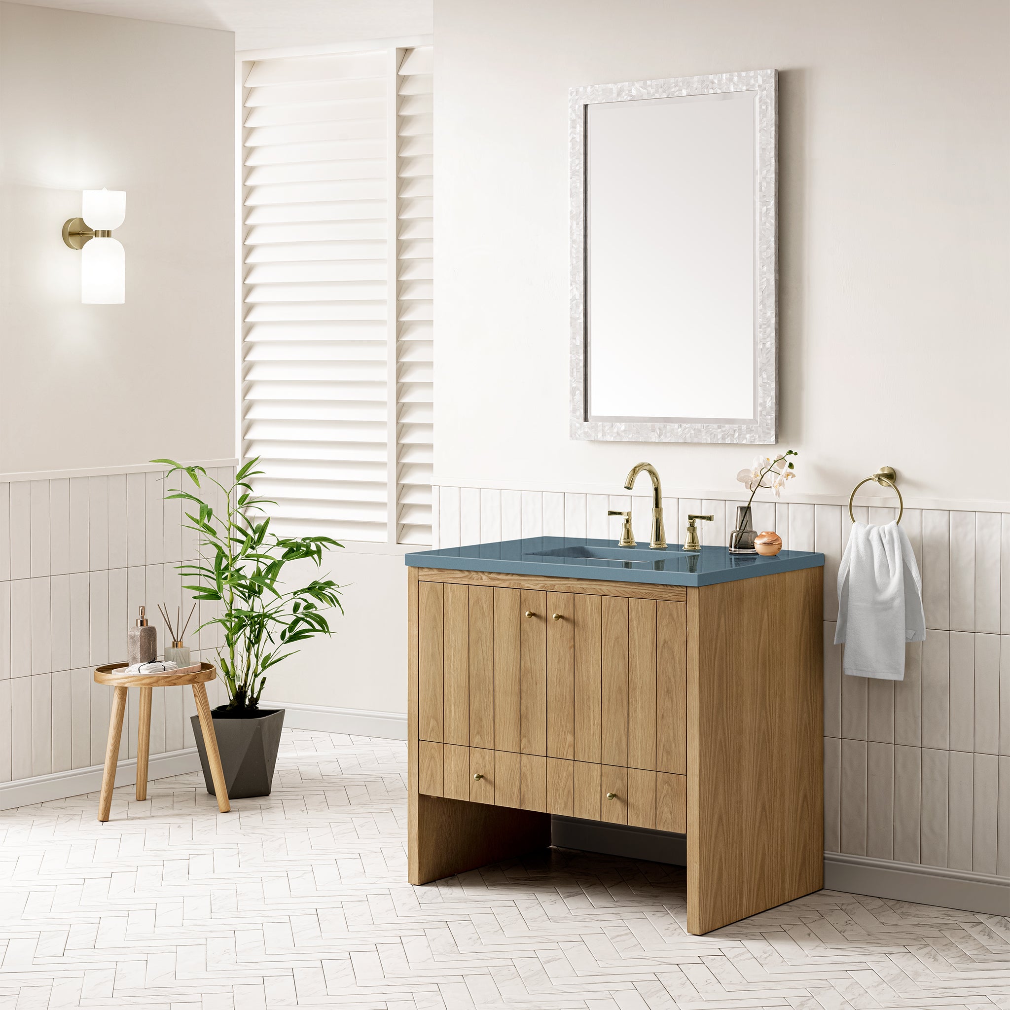 Hudson 36 Inch Single Bathroom Vanity with Light Natural Oak Finish & 3CM Calacatta Blue Quartz Top - Perfect for Modern Home Bathroom Remodeling and Spa-Style Decor