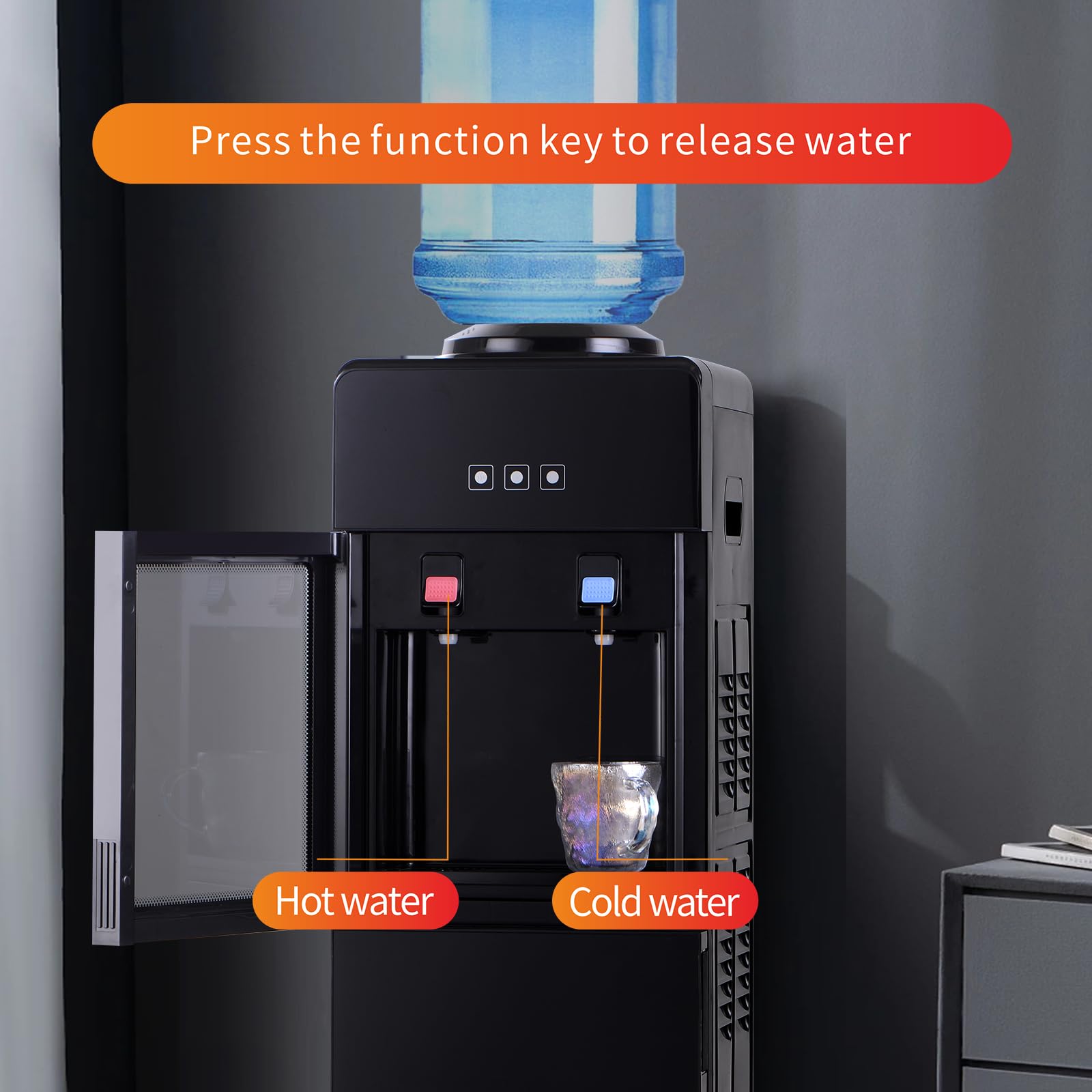 5 Gallon Top Load Water Cooler with Hot & Cold Dispenser - Freestanding for Home & Office, Compatible with 3 & 5 Gallon Bottles, Luxury Black Design (Black) - Perfect for Kitchen, Breakroom, and Office Hydration