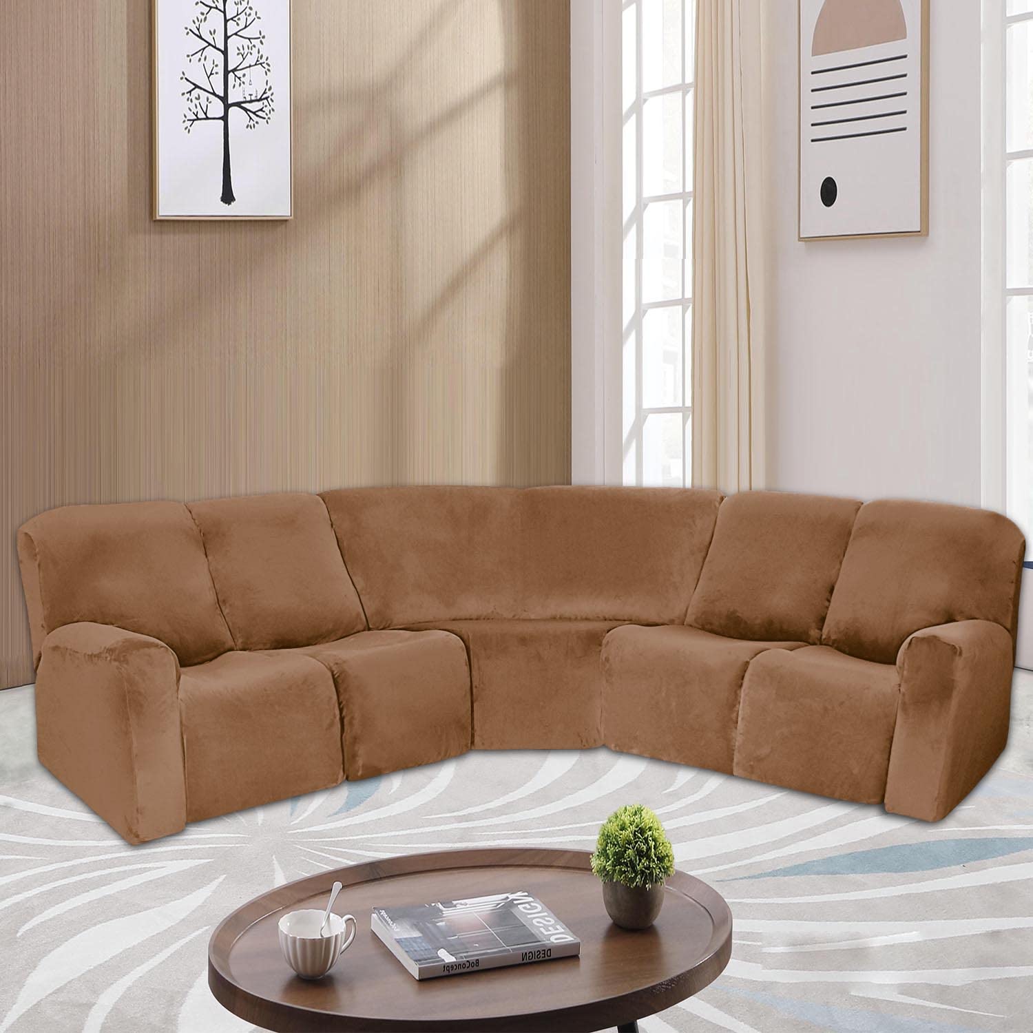 Premium 7-Piece Velvet Sectional Sofa Cover Set - Anti-Slip Elastic Straps, Universal Fit for Recliners & Living Room Furniture (Leather Brown) | Perfect for Home Decor, Pet Protection & Furniture Refresh