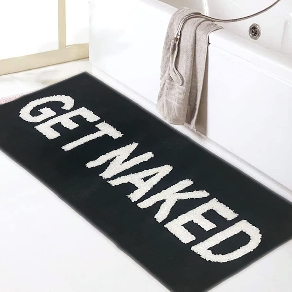 Zeeinx Funny 'Get Naked' Runner Bath Rug - 18”x47” Black Shower Mat for Bathroom Decor, Machine Washable Non-Slip Bathroom Carpet - Perfect for Apartments, Tub & Shower Areas - Adds Humor to Your Morning Routine
