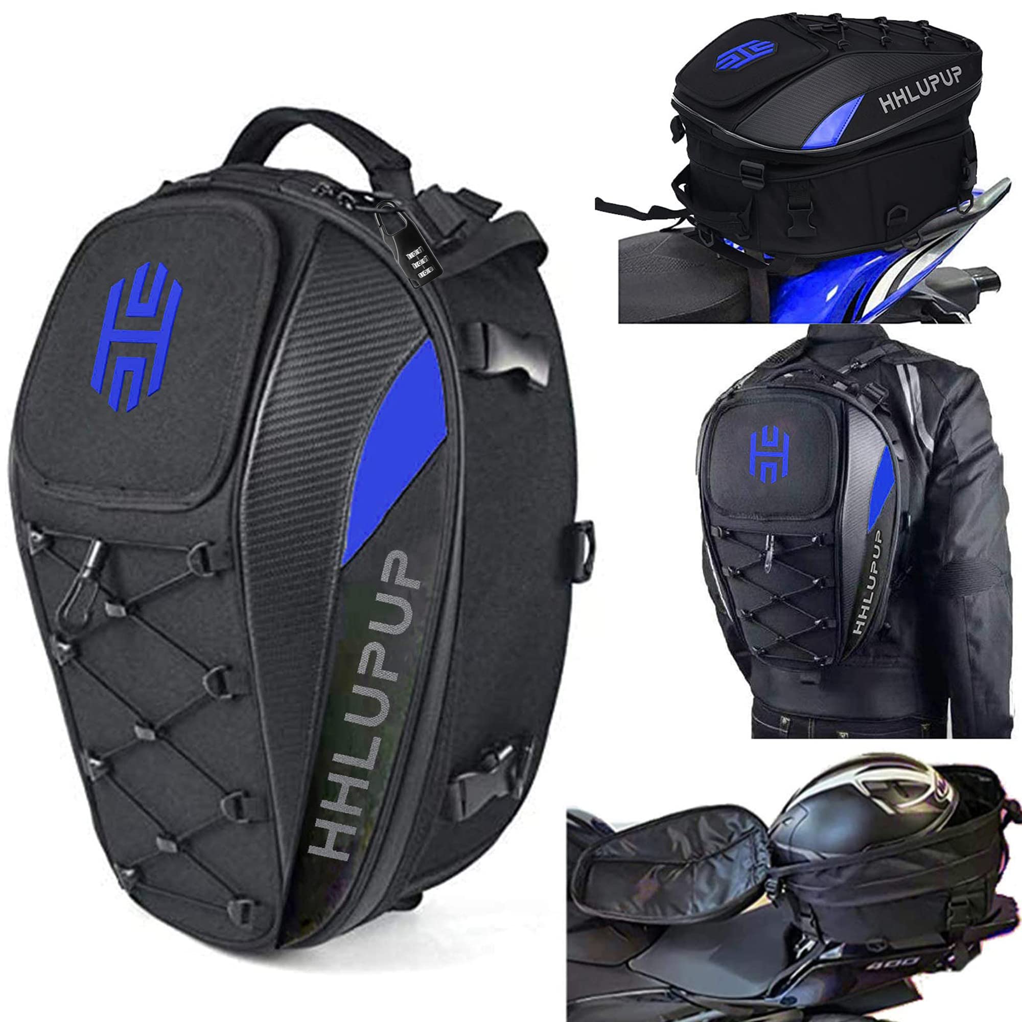 Waterproof Motorcycle Tail Bag with Password Lock - 38L Large Capacity Seat & Helmet Storage Backpack - Durable Motorbike Luggage for Commuting & Travel (Blue) - Perfect for Daily Rides & Weekend Adventures