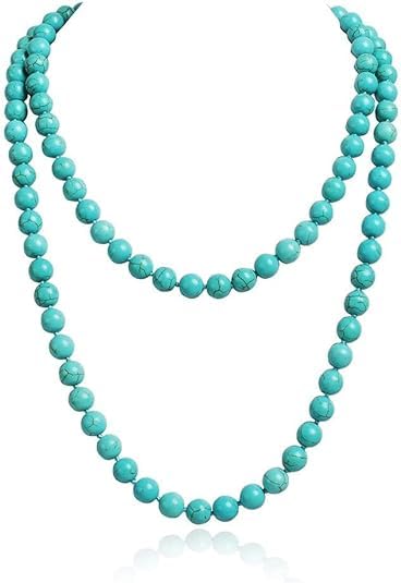 Q&D&S Turquoise Necklace - Round Stone Beads Chunky Fashion Jewelry for Women, Boho Cross Pendant Meditation Necklace - Perfect for Yoga, Spiritual Healing & Everyday Boho Style