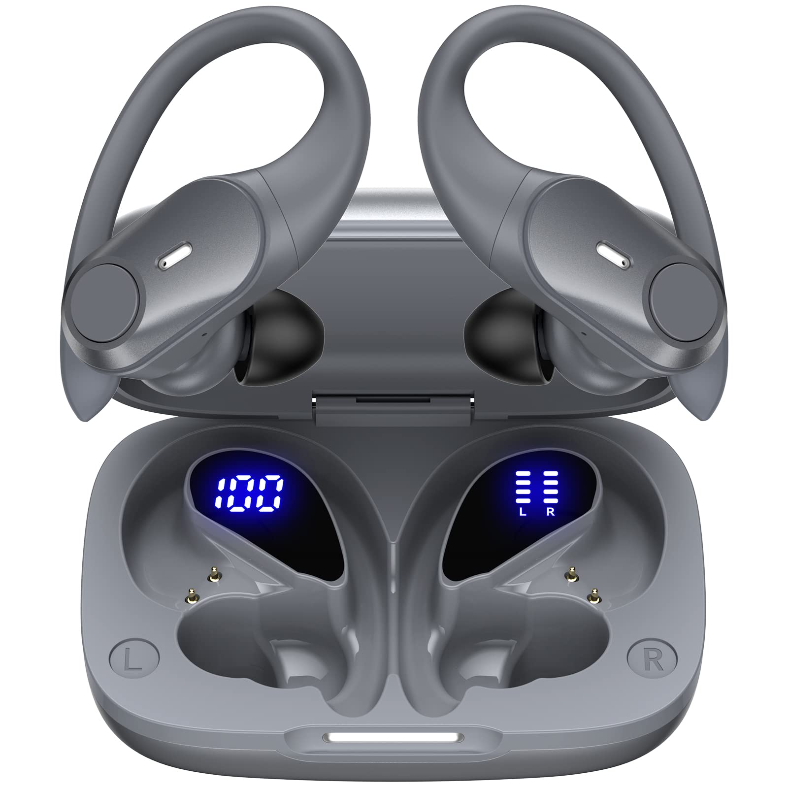 GOLREX Wireless Bluetooth Earbuds - 80H Playtime, LED Display, Wireless Charging Case, Over-Ear Earphones with Earhook & Built-in Mic - Perfect for Sports, Running, Workout & Gym (Grey)