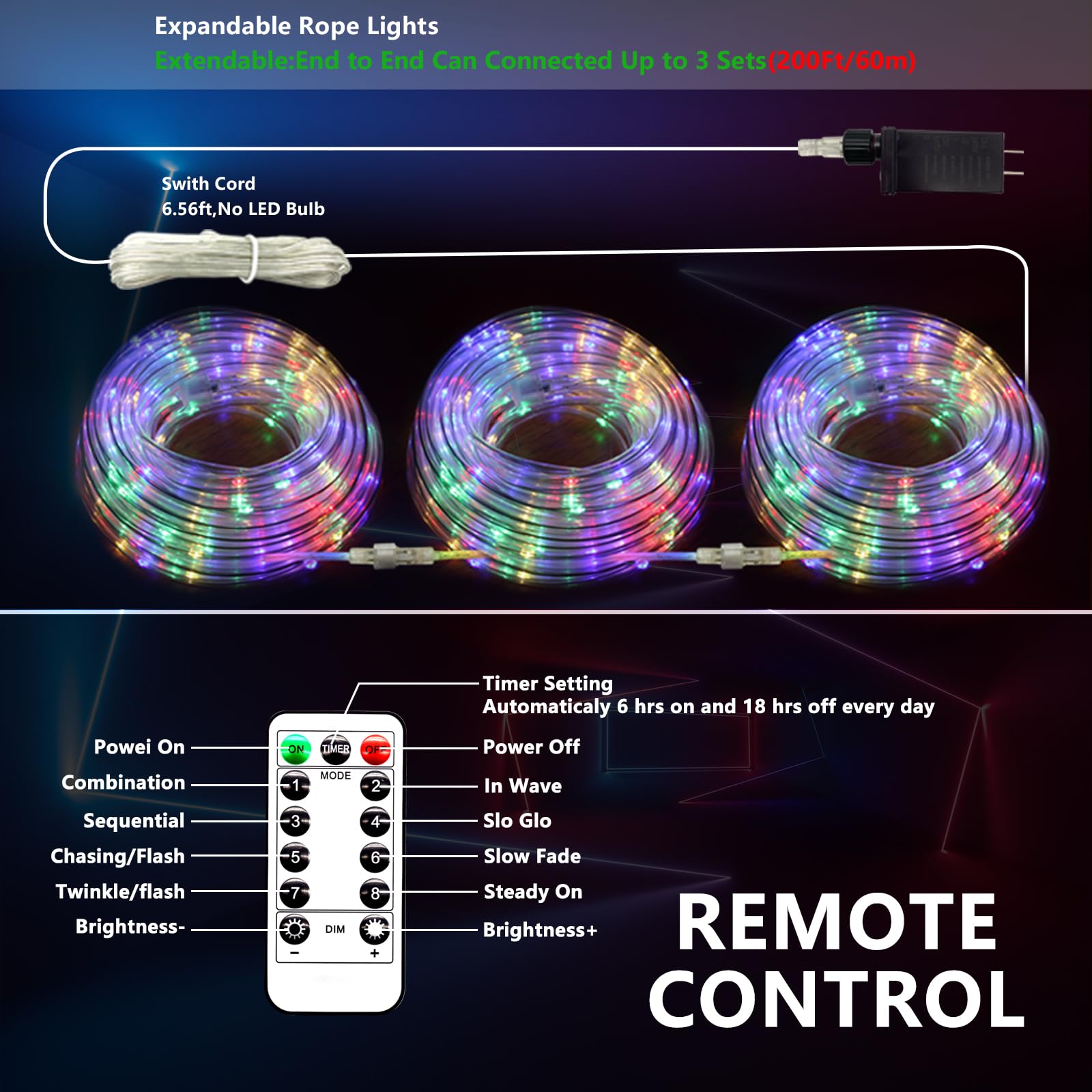 66FT Outdoor Waterproof Rope Lights - Connectable IP67 LED String Lights with 8 Modes (200 LEDs) for Garden, Patio, Party, Bedroom & Christmas Decorations - Perfect for Backyard, Wedding, Holiday & Indoor Ambiance Lighting