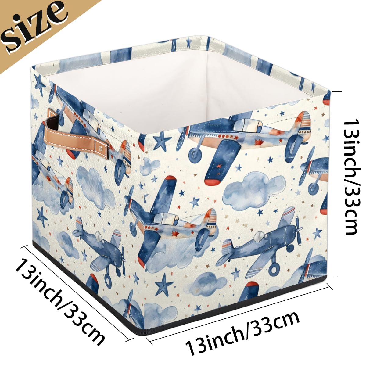 13 Inch Collapsible Airplane-Themed Fabric Storage Cube Bin - Foldable Organizer Basket for Shelves, Closet & Home Organization | Perfect for Kids' Room, Nursery & Toy Storage