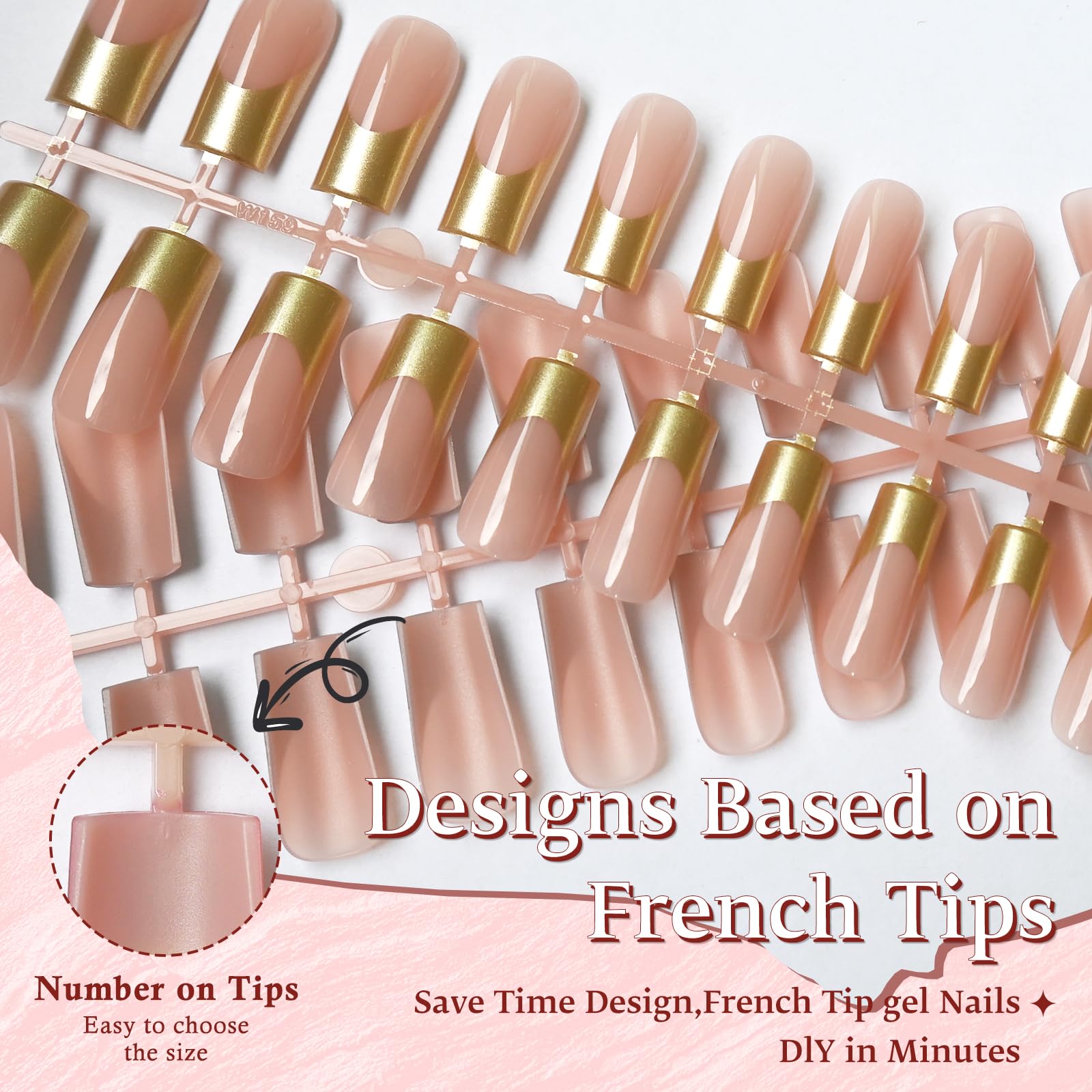 Pre-Colored French Tip Press on Nails - Long Square Fake Nails with Nude False Nails (150Pcs) - 5 Colors Acrylic Soft Gel Nails Tips for Women - Perfect for Parties, Weddings & Everyday Wear