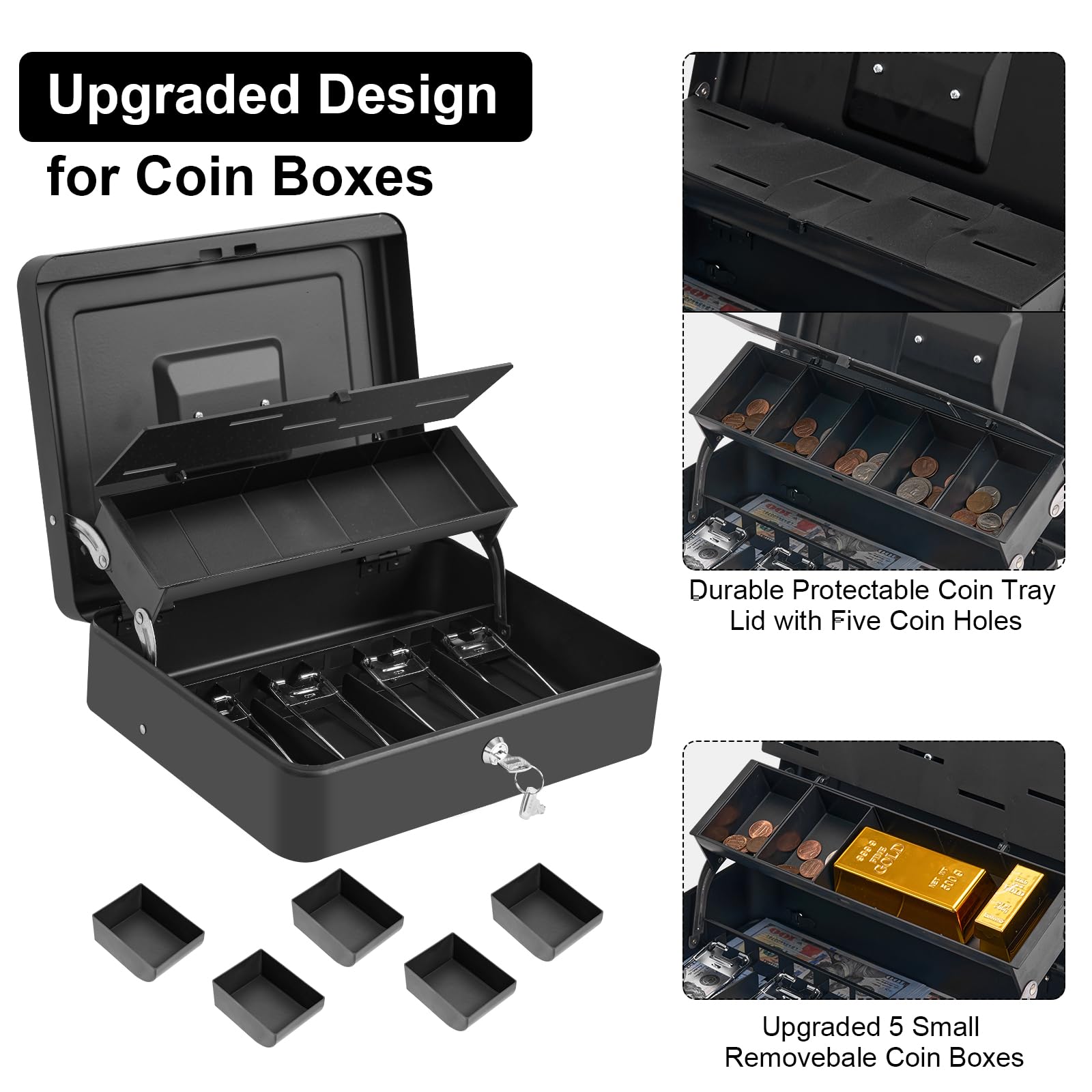 Large Heavy-Duty Steel Cash Box with Security Cable & Coin Cover - Portable Safe Lock Box with Money Tray, Key Lock & Adjustable Coin Organizer - Perfect for Home, Office, Retail Stores and Small Business Cash Management (Black)