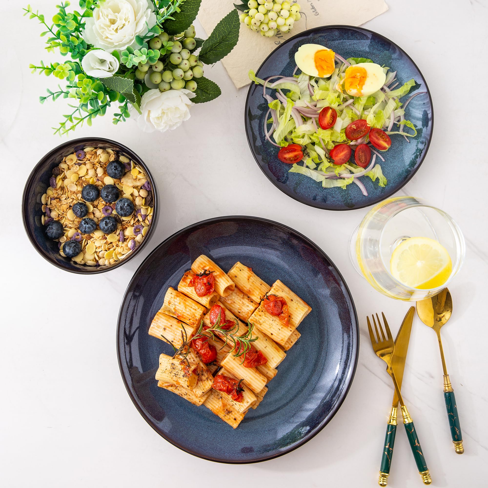 LERATIO 24-Piece Ceramic Dinnerware Set for 8, Handmade Stoneware Plates & Bowls with Reactive Glaze, Chip & Scratch Resistant, Oven/Dishwasher/Microwave Safe - Blue | Perfect for Family Dinners, Entertaining Guests & Restaurant-Style Dining
