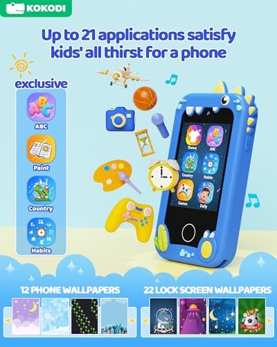 **KOKODI Kids Smart Phone Toy - Touchscreen HD Dual Camera Learning Phone for Boys & Girls 3-10 | Christmas Birthday Gift, Travel & Preschool Educational Toy | Dinosaur-Themed Play Phone for Toddlers (Ideal for Home, Car, & Classroom Use)**
