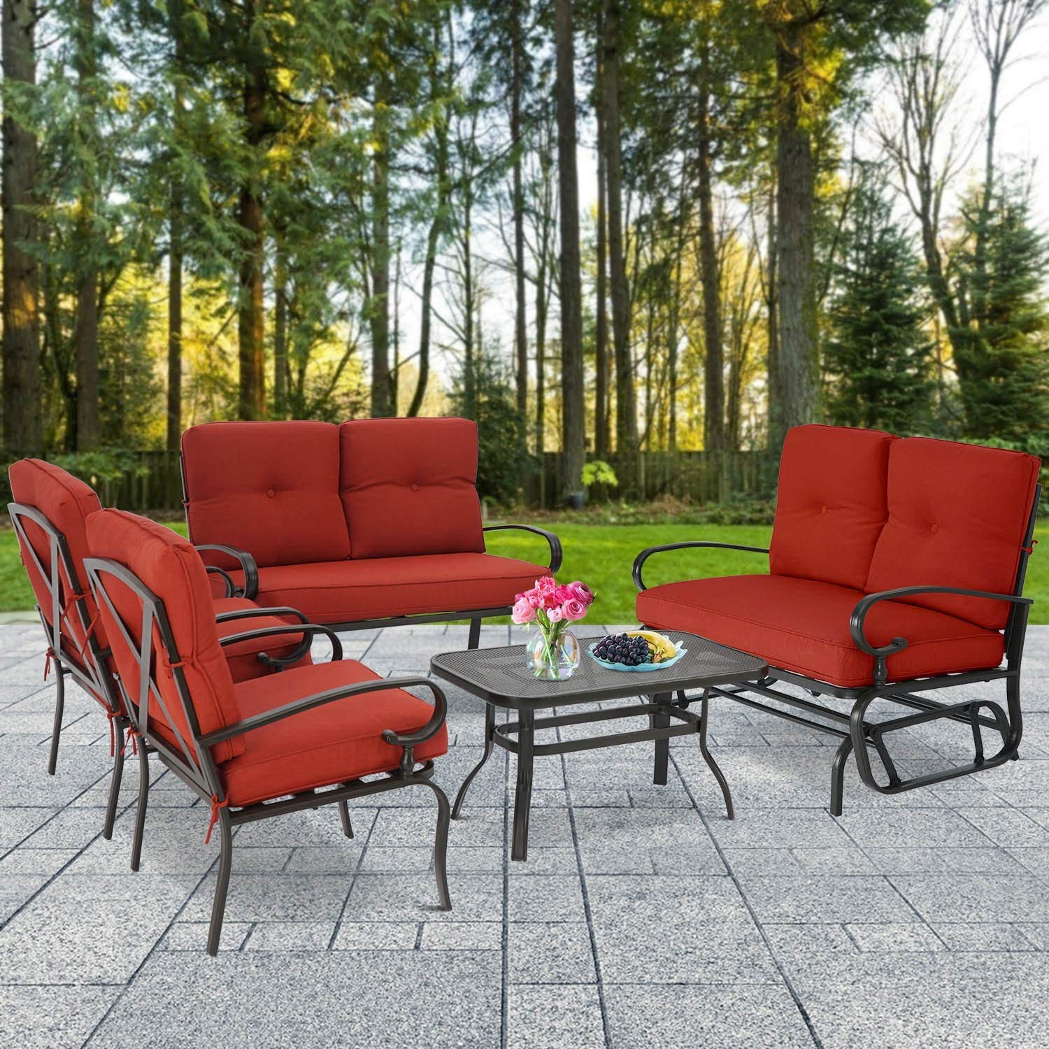 **Crownland Outdoor 5-Piece Patio Conversation Set with Swing Glider, Loveseat, Coffee Table & 2 Lounge Chairs – Metal Frame & Red Cushions – Perfect for Backyard, Garden, or Poolside Relaxation**