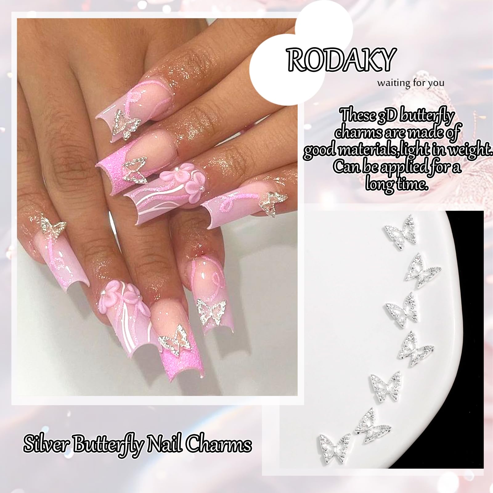 3D Silver Butterfly Nail Charms - 50PCS Alloy Nail Gems for Manicure, DIY Nail Art & Nail Decoration | Perfect for Acrylic Nails, Gel Polish & Professional Nail Design