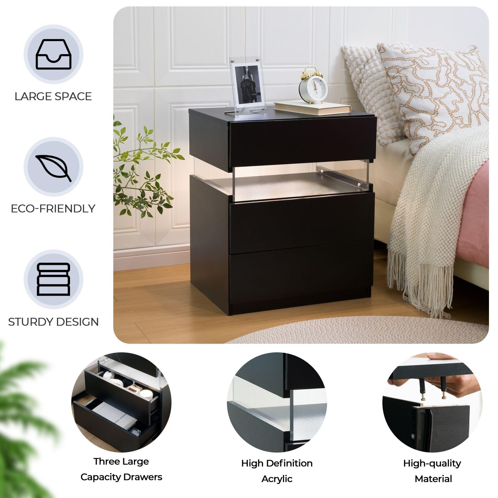 Modern LED Night Stand Set of 2 - 3 Drawer Bedside Table with Touch Control for Bedroom - Perfect for Small Spaces, Guest Rooms & Apartment Living