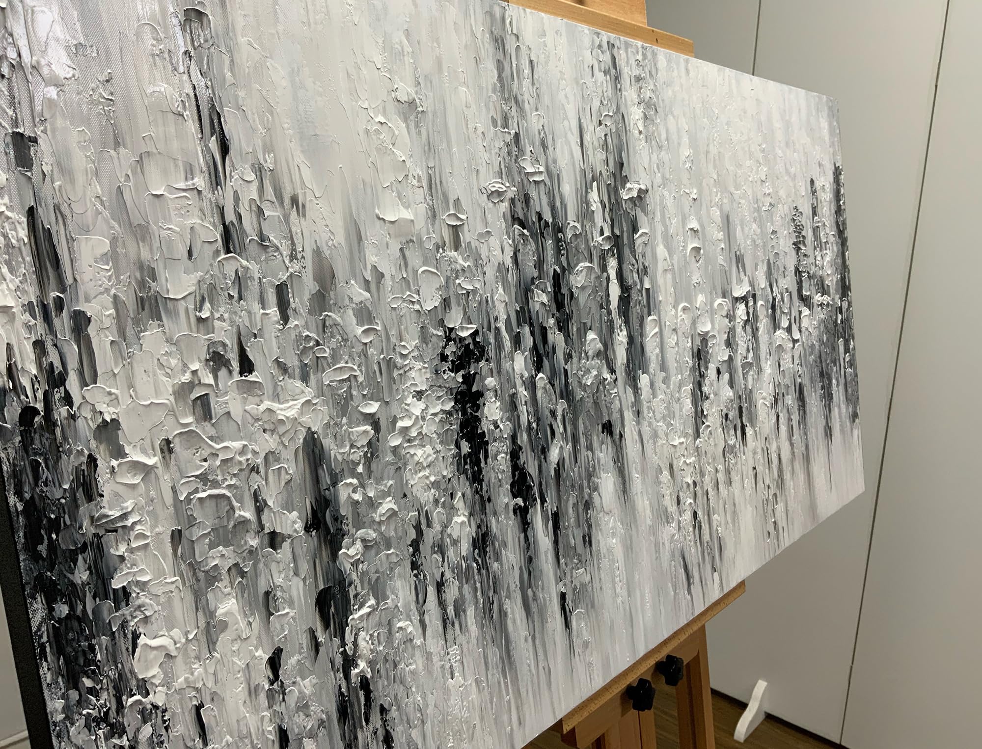 Modern Abstract Hand Painted Oil Painting - 24x48 Inches Black & White Canvas Art with Wood Frame - Wall Decor for Living Room, Bedroom, Office & Dining Room - Unique Home Decor Gift Idea