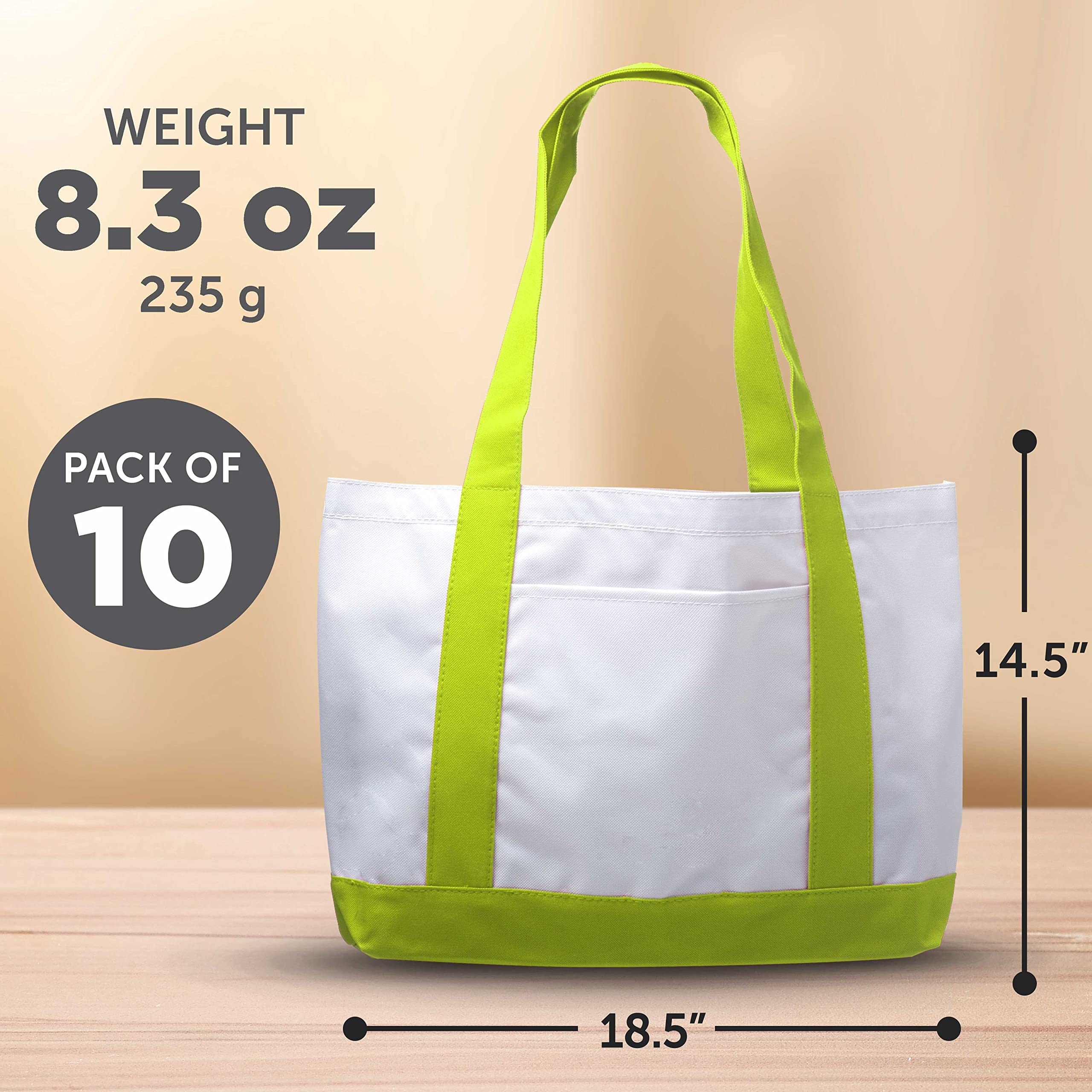 10 Pack Canvas Shoulder Tote Bags with Reinforced Straps & Front Pocket - Durable Polyester Fashion Tote Bags in Green - Perfect for Shopping, Beach, Work & Travel