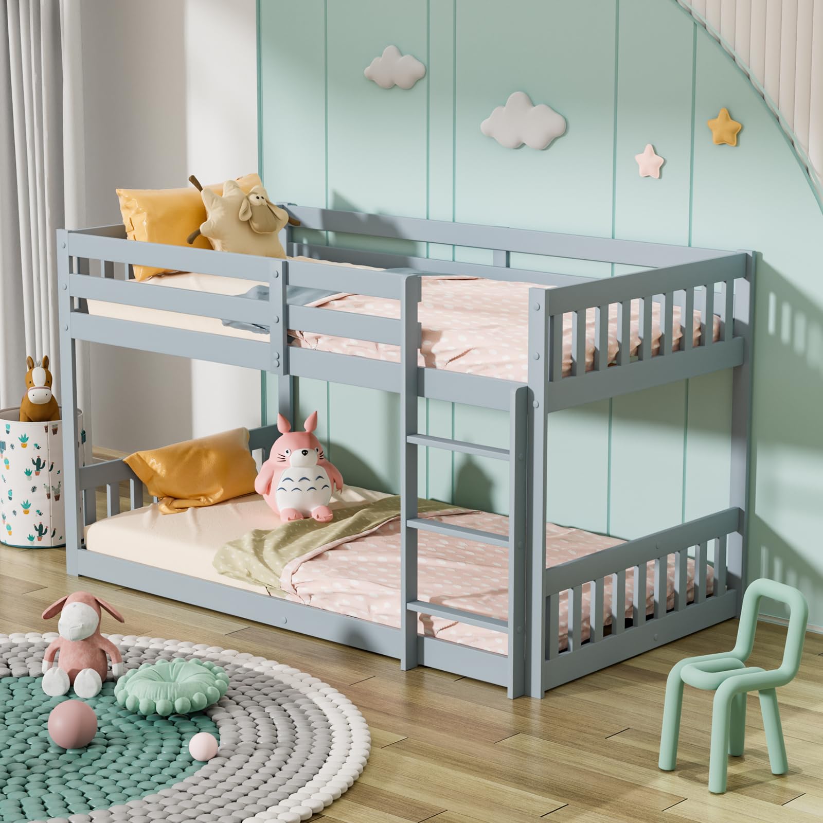 JOYMOR Twin Over Twin Solid Wood Bunk Bed for Kids & Teens with Ladder & Safety Rail - Space-Saving Bed Frame for Small Bedrooms, Dorm Rooms & Shared Kids' Rooms - Gray (Mattress Not Included)