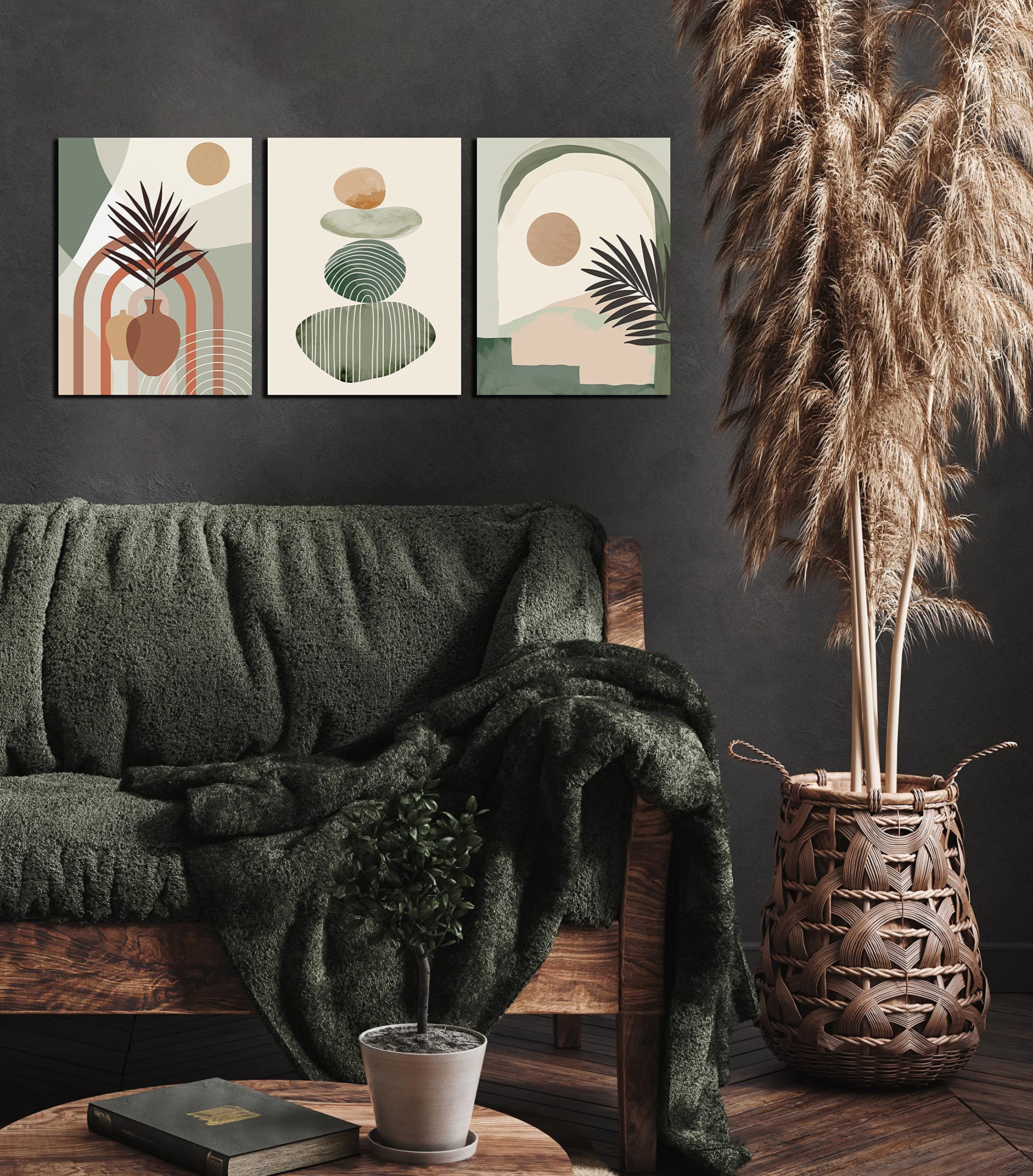 Boho Wall Art Decor Set of 3 - Green Canvas Paintings for Bedroom, Living Room & Office - 16x12 Inch Framed Ready to Hang Abstract Nature Artwork - Perfect for Home Decor, Housewarming Gifts & Interior Design