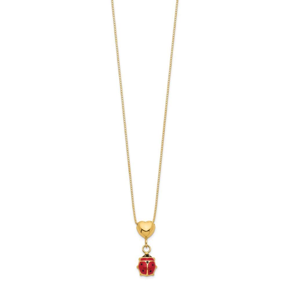 14K Gold Enamel Ladybug & Heart Pendant Necklace - 15.5 Inch Dainty Jewelry Gift for Women, Girls, Wife - Perfect for Valentine's Day, Anniversary, Birthday & Everyday Wear