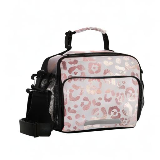 Stylish Rose Gold Leopard Print Insulated Lunch Box for Women & Girls - Reusable Thermal Lunch Tote Bag for Work, School, Picnic & Outdoor Activities | Cute Leopard Pattern Cooler Bag with Shoulder Strap