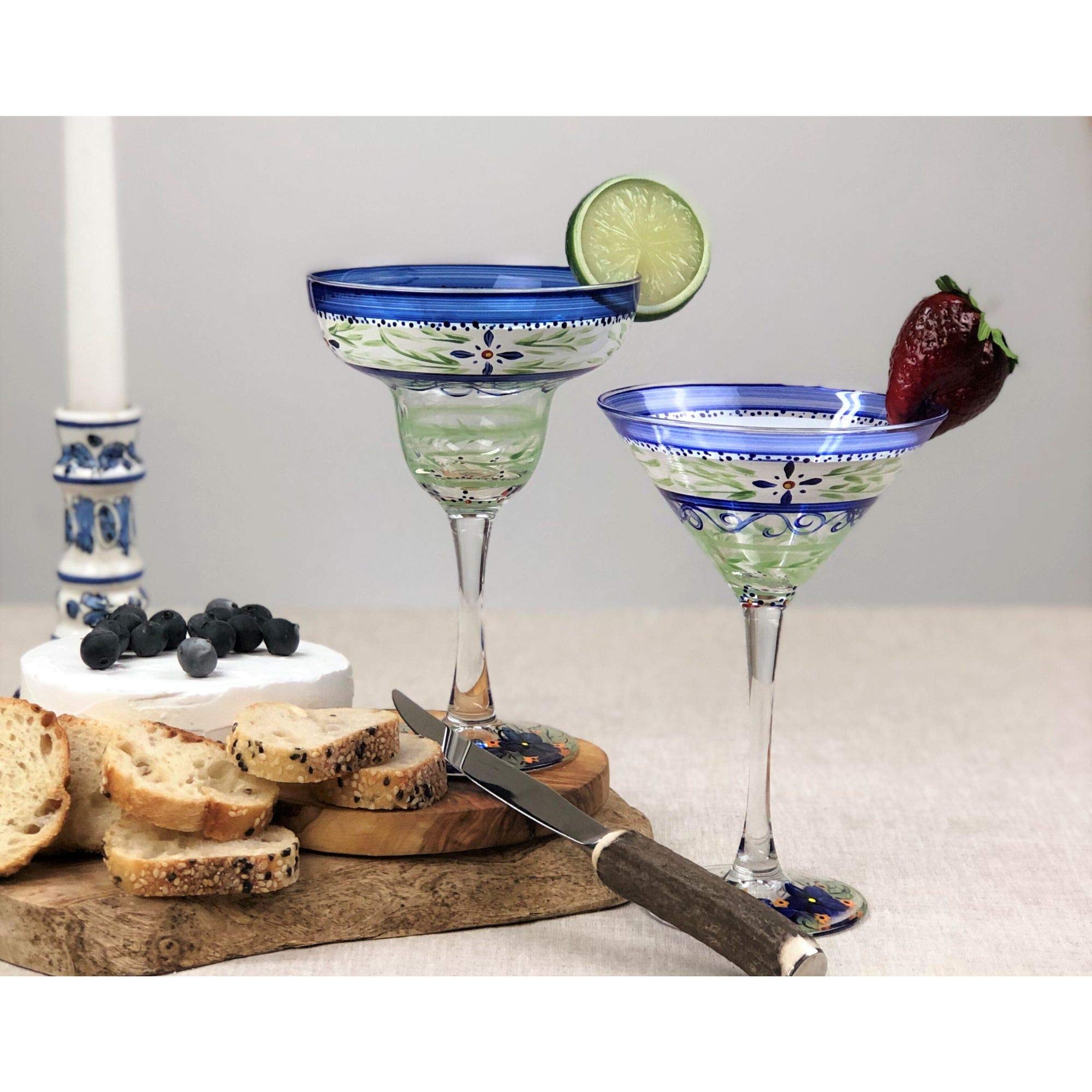 Set of 2 Hand-Painted Green Floral Margarita Glasses - 12 oz Stemware for Cocktails, Parties & Home Bar Decor