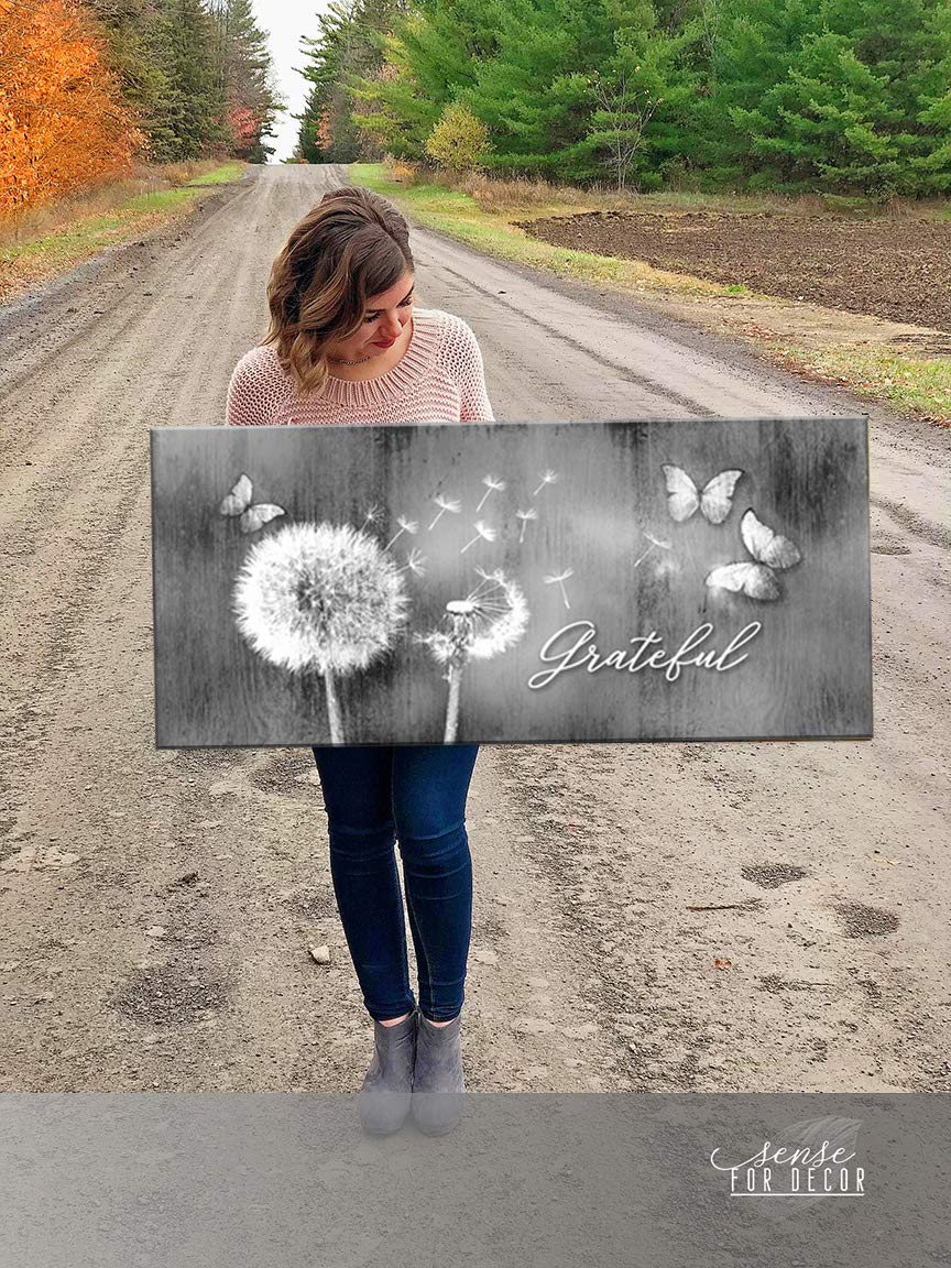 Grateful Dandelions Wall Art - Rustic Butterfly Decor for Bedroom - 60x27 Grey Canvas Painting - Perfect for Farmhouse, Boho & Living Room Wall Decor