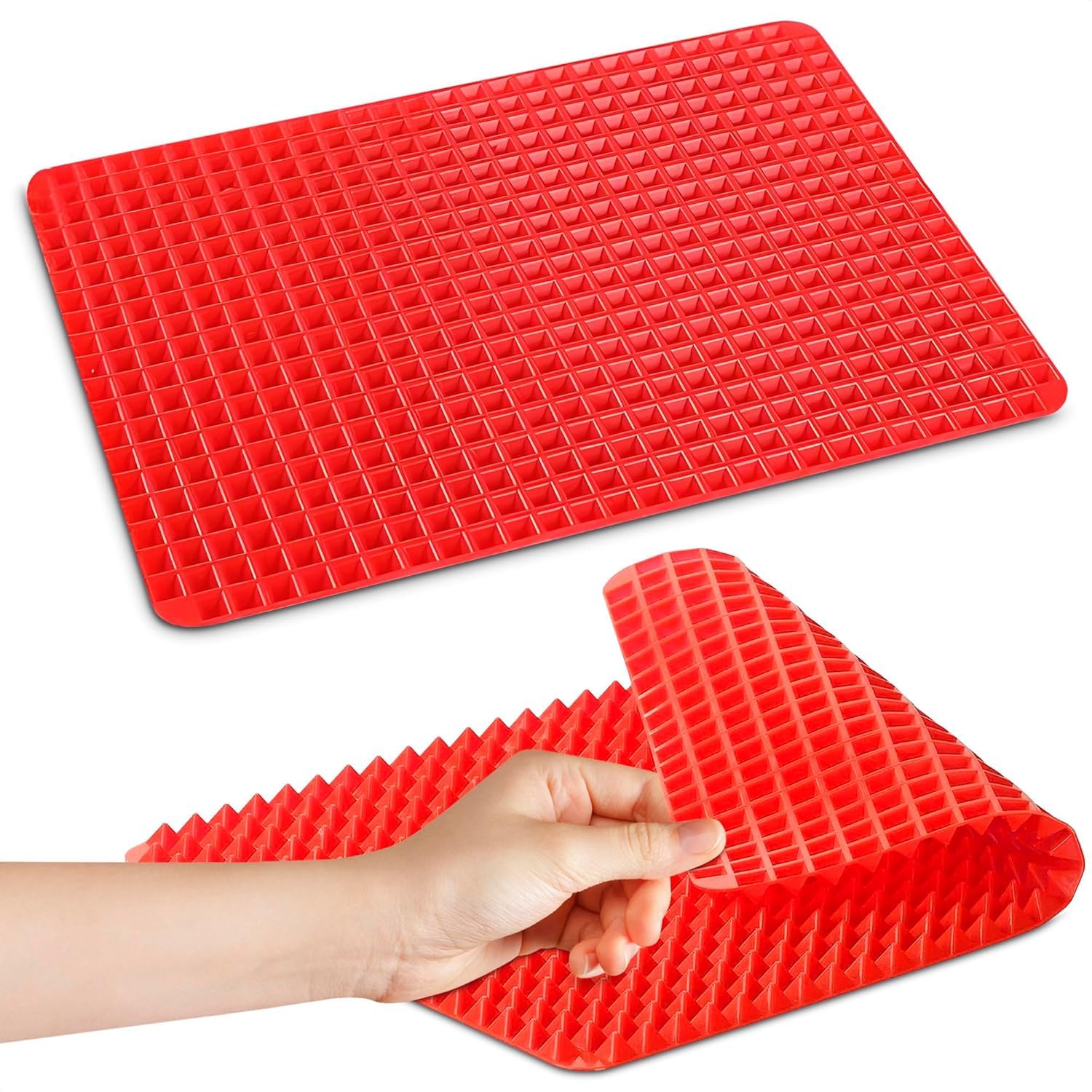 Non-Stick Silicone Baking Mat 16x11.5 Inches - Food Grade Oven & Microwave Safe Cooking Mat with Red Pyramid Design for Roasting, BBQ, Pastry Making - Fat Filtering, Flexible & Easy to Clean - Perfect for Baking Cookies, Roasting Vegetables & Cooking Bacon