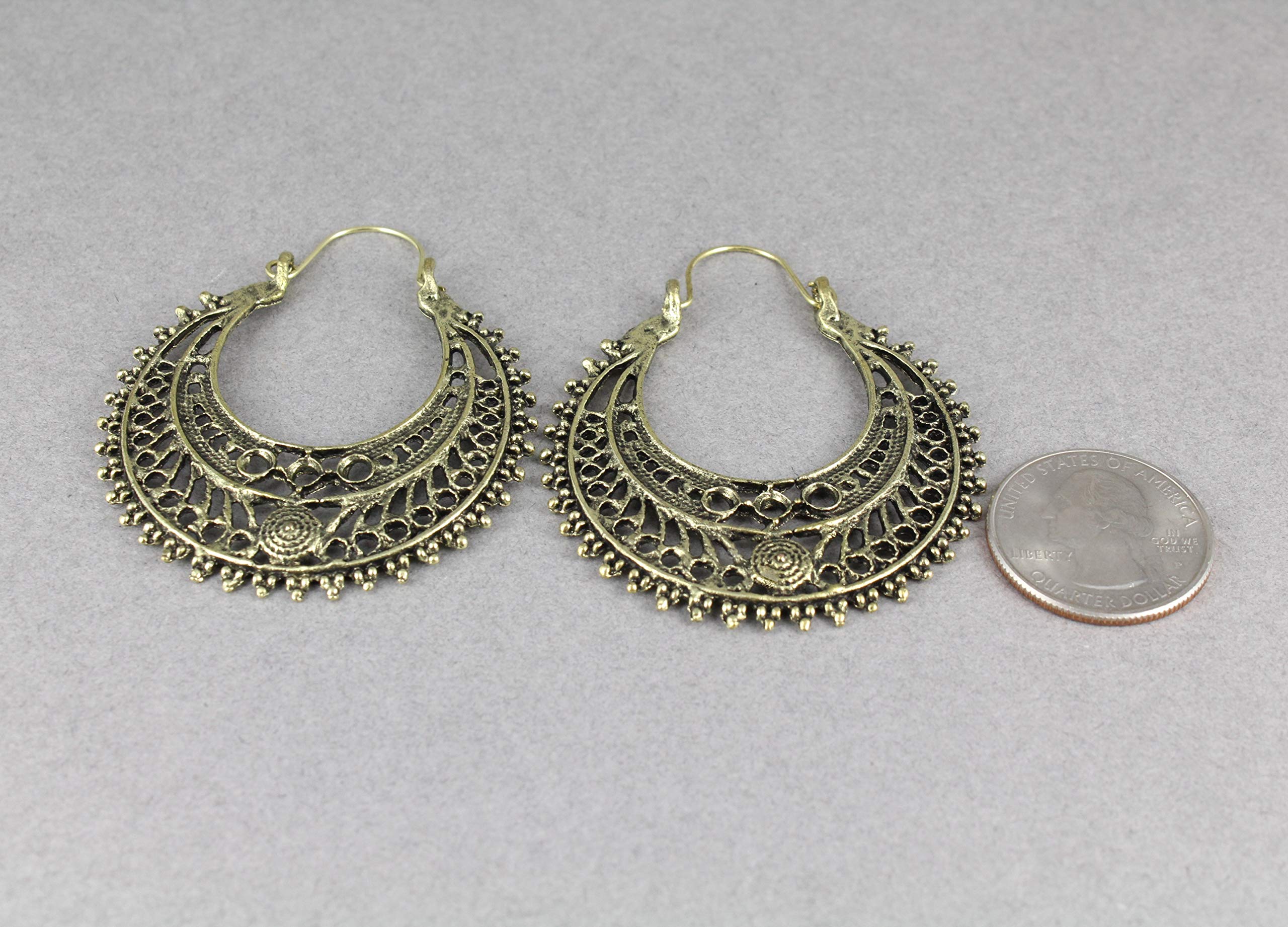 Antique Silver Gold Hoop Earrings with Filigree Medallion - 1 7/8