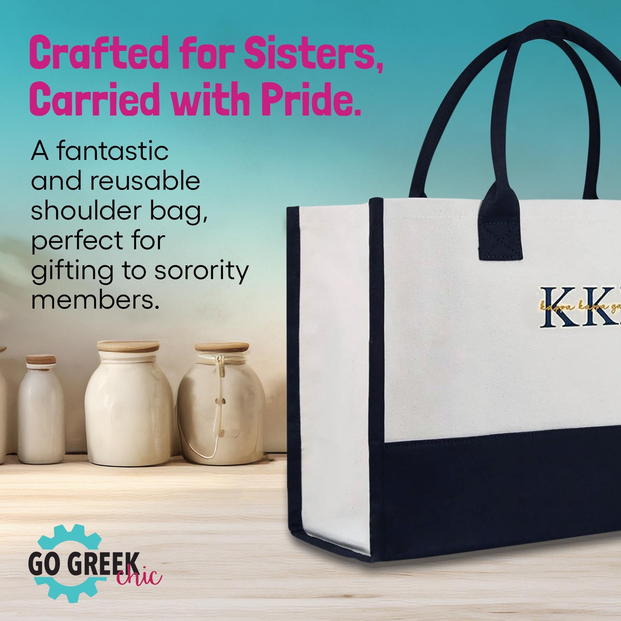 Go Greek Chic Embroidered Cotton Tote Bag - Stylish & Durable Handbag for Women, Perfect for Shopping, Beach & Daily Use