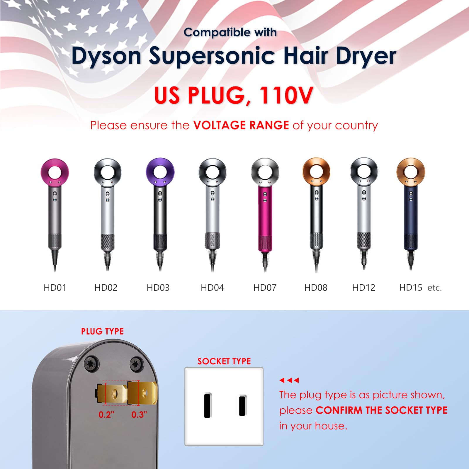 Dyson Hair Dryer Power Charger Cable - 110V Replacement Cord & Adapter Plug for Dyson Supersonic Dryer - Fast Charging Accessory Kit for Home & Salon Use