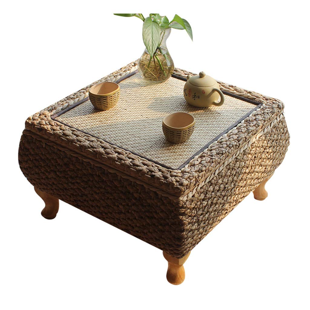 Handmade Rattan Wood End Table - Low Coffee Table for Bedroom, Living Room, Balcony & Study - White Tatami Style Bay Window Table (60x60x30cm) - Perfect for Small Spaces, Reading Nooks & Relaxation Areas