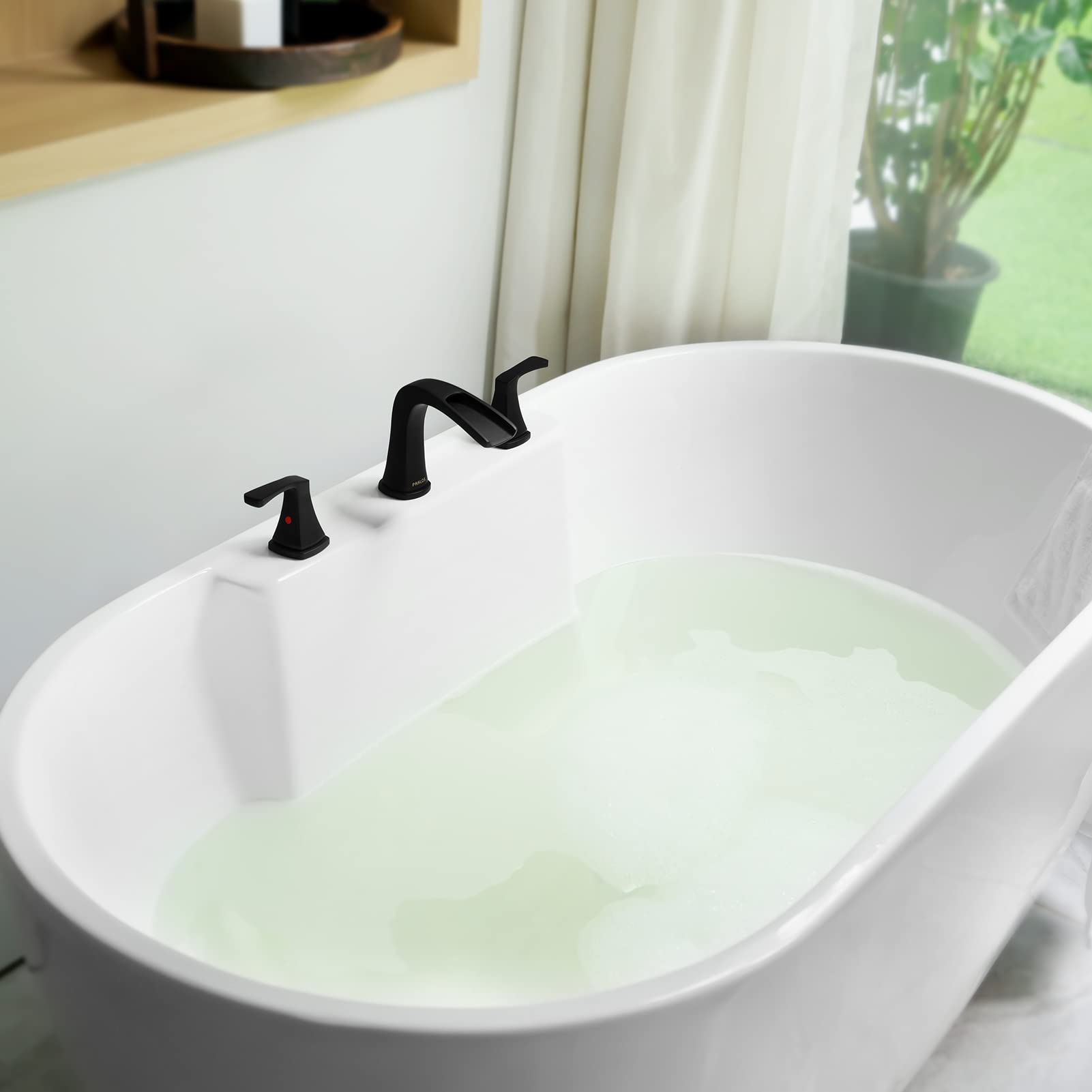 PARLOS 2-Handle Widespread Waterfall Roman Bathtub Faucet with Valve - Matte Black Tub Filler (Model 1434204) for Luxury Bathroom & Spa Renovation
