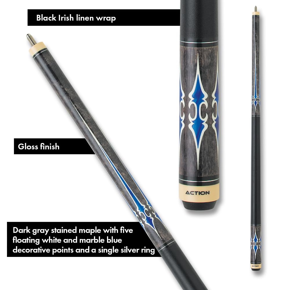 Premium Action Exotic Billiards Pool Cue Stick - Professional Grey with Blue Design for Enhanced Grip & Control | Perfect for Tournaments, Home Game Rooms & Bars