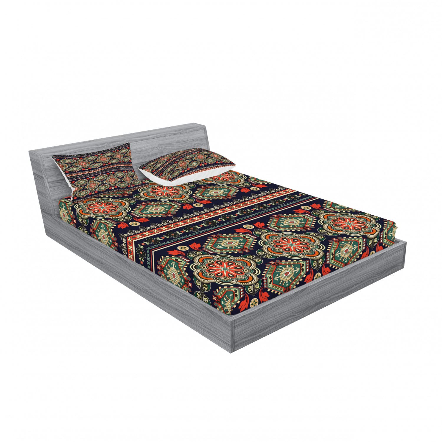 Ambesonne Ethnic 2-Piece Fitted Sheet & Pillow Sham Set - Floral Geometric Pattern Queen Size Bedding, 4-PC Set Includes 2 Fitted Sheets & 2 Pillowcases - Indigo Scarlet - Perfect for Bohemian Bedroom Decor & Guest Room Styling