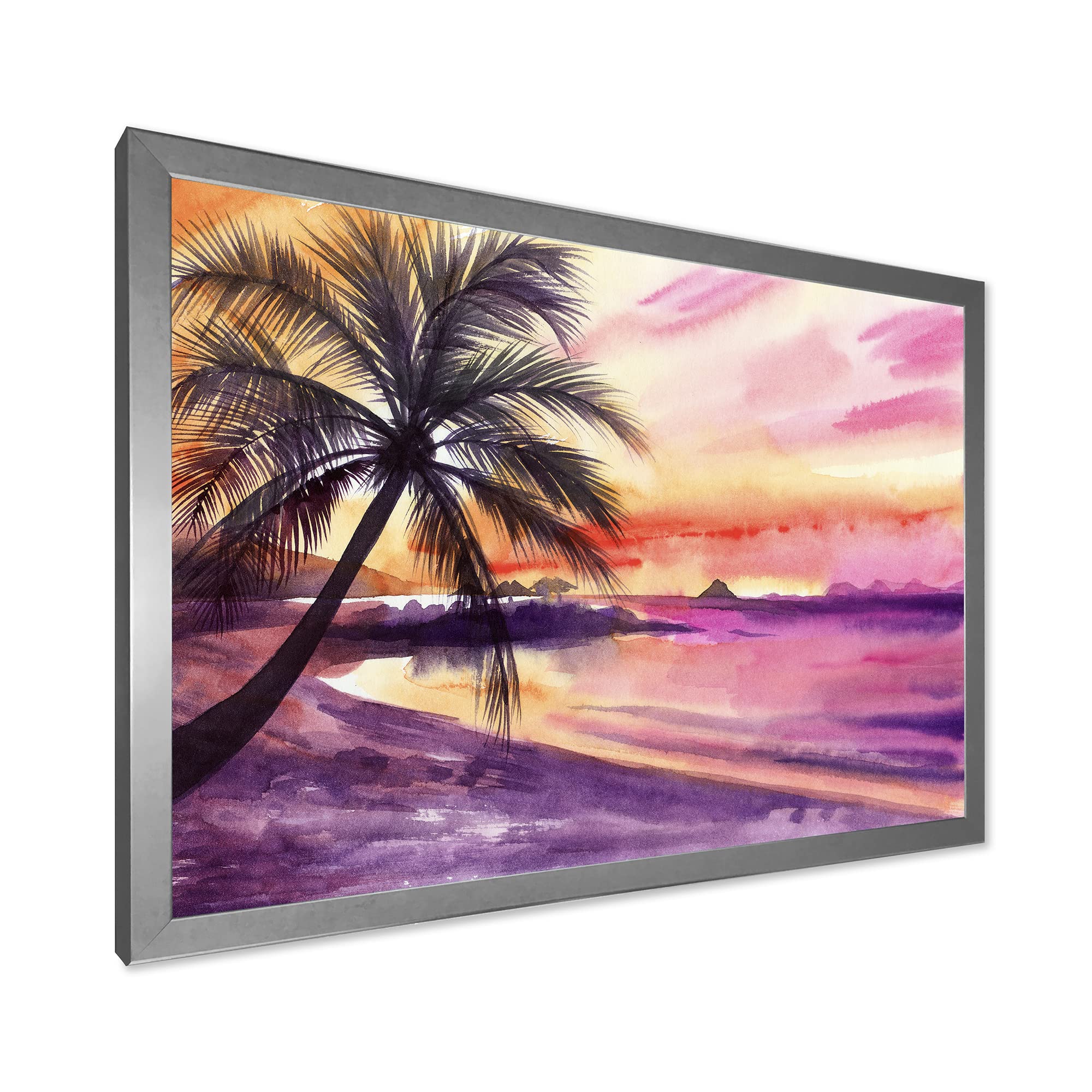 Pink and Purple Palm Beach Sunset Nautical Coastal Framed Wall Art - Beach House Decor, Ocean Themed Living Room Painting, Coastal Bedroom Wall Decor