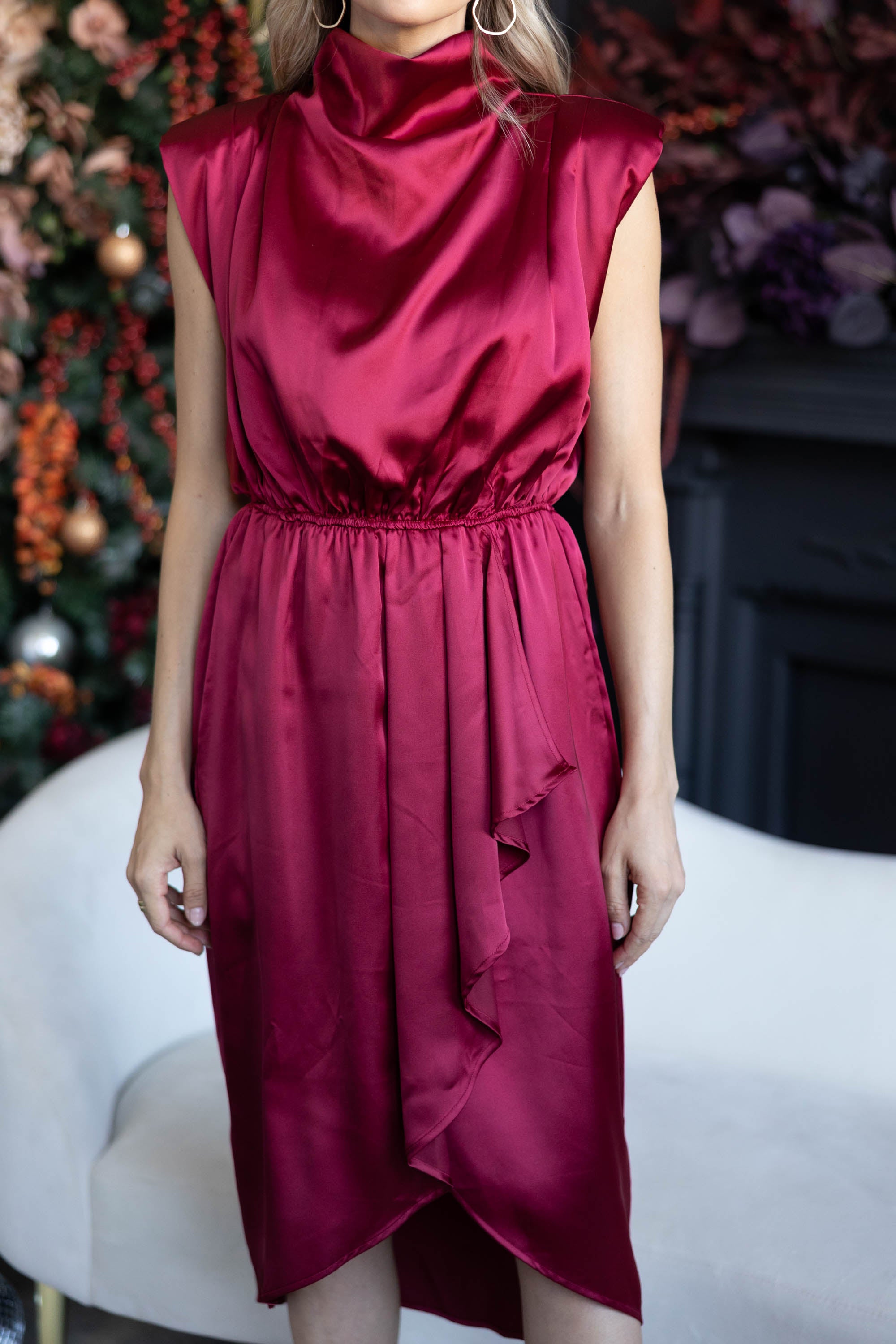 Elegant Ruby Red Satin Midi Dress for Women - Perfect for Cocktail Parties, Date Nights & Special Occasions