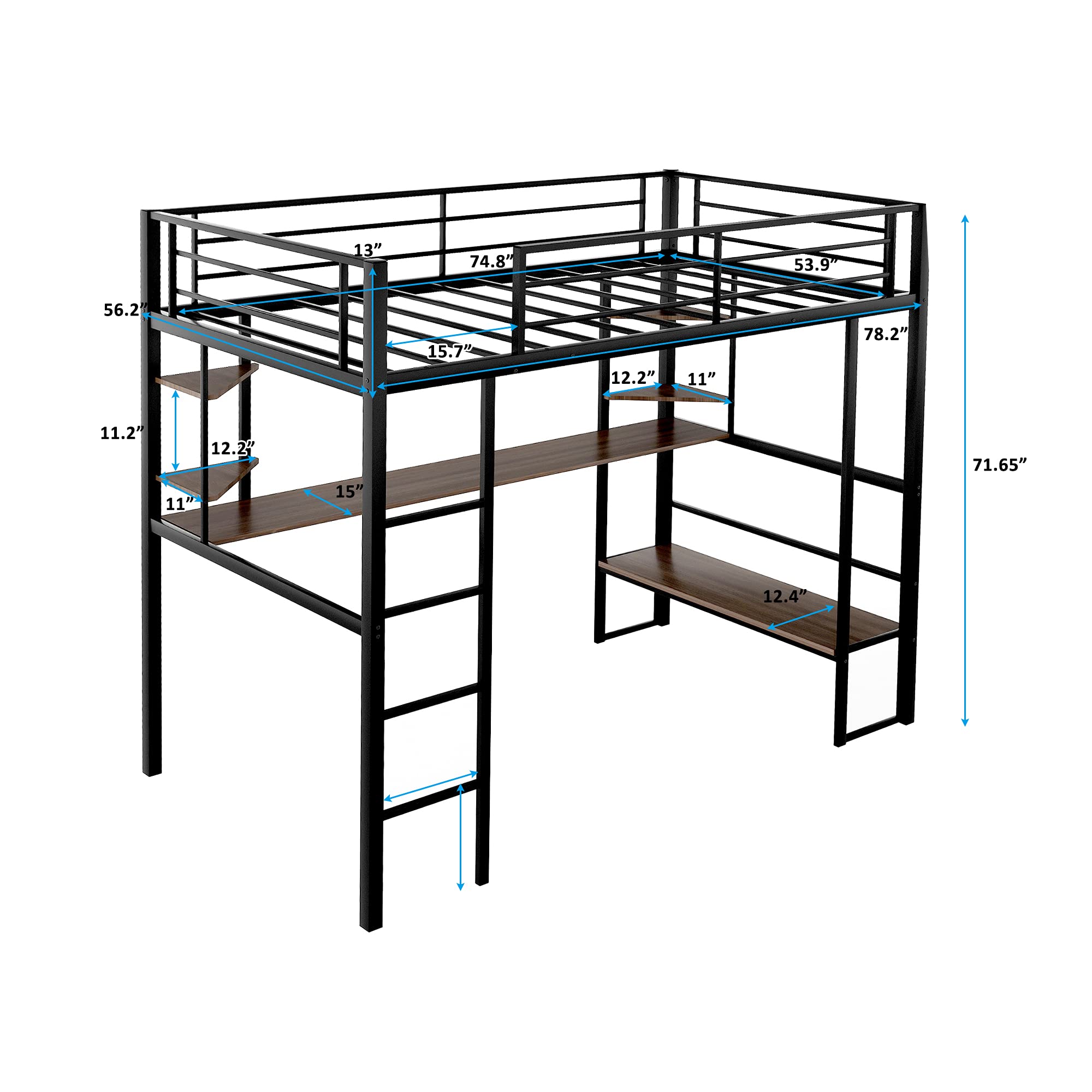 Full Metal Loft Bed with Long Desk, Shelves & Safety Guardrails - Space Saving Twin/Queen Size Bed Frame with Ladder, No Box Spring Required - Perfect for Small Apartments, Dorms & Kids Rooms