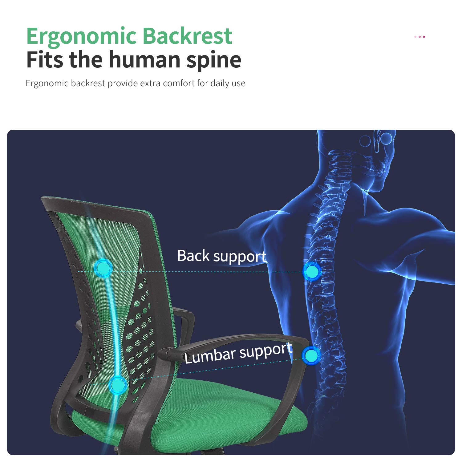 Ergonomic Mesh Office Chair with Adjustable Height & Armrests - Breathable Computer Desk Chair for Home & Work, 360° Swivel & Quiet Rolling Wheels, Comfortable Seat & Back Support - Perfect for Long Hours Sitting in Office, Study or Gaming (Green)
