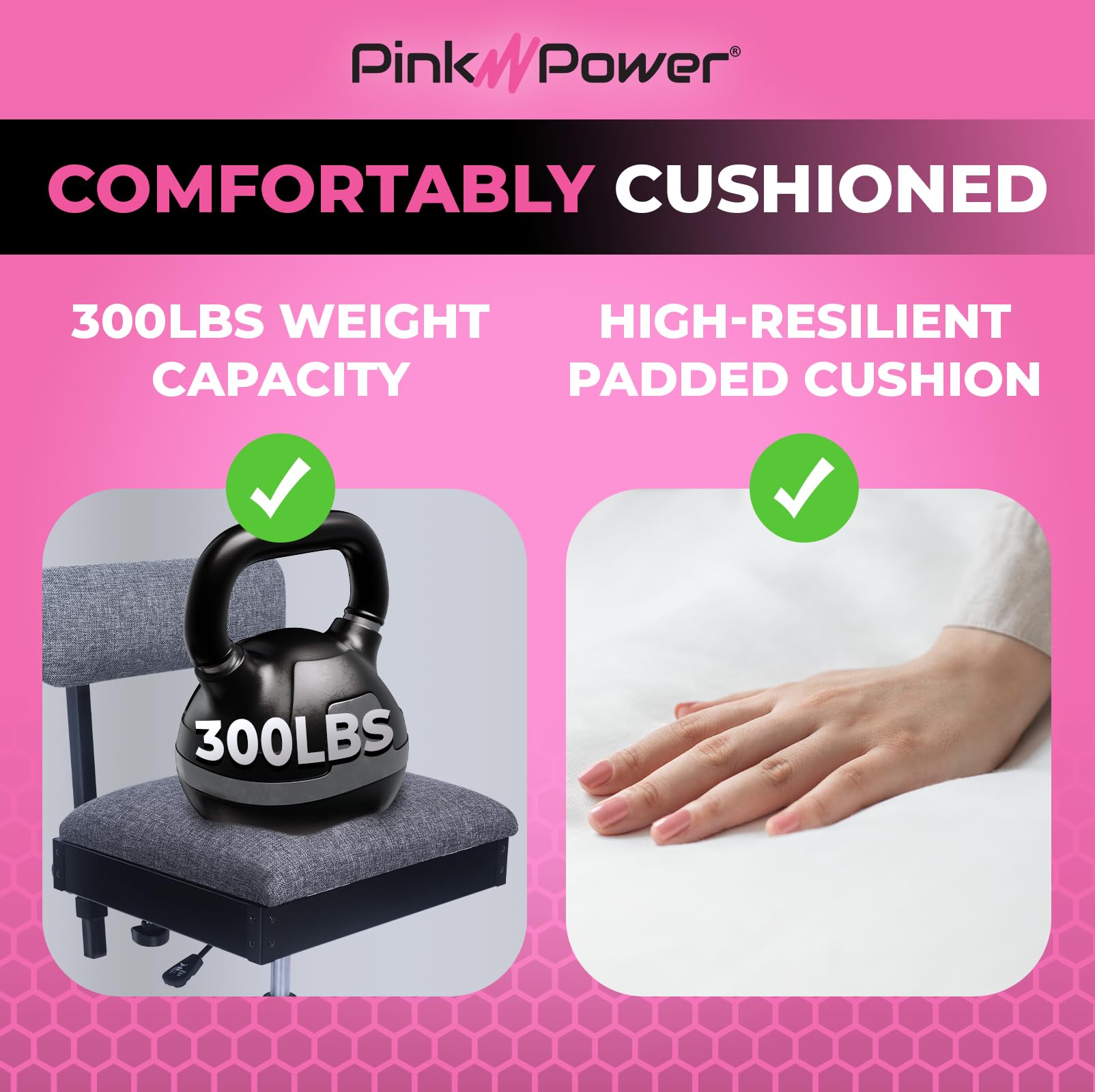 Pink Power Hydraulic Sewing Chair with Wheels & Adjustable Back Support - Ergonomic Armless Craft Chair for Sewing, Quilting & DIY Projects - Perfect for Home Studios, Craft Rooms & Professional Workshops